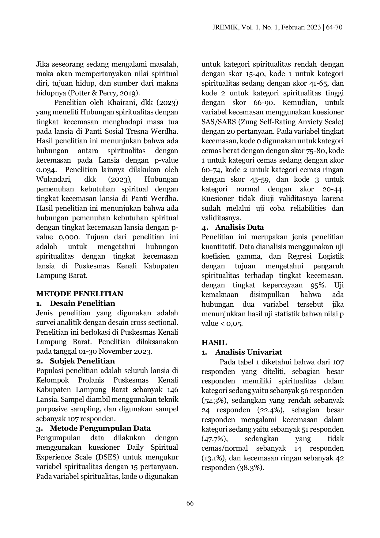 JURIS Hubungan Spiritualitas Dengan Tingkat Kecemasan Lansia Di Puskesmas Kenali Kabupaten Lampung Barat