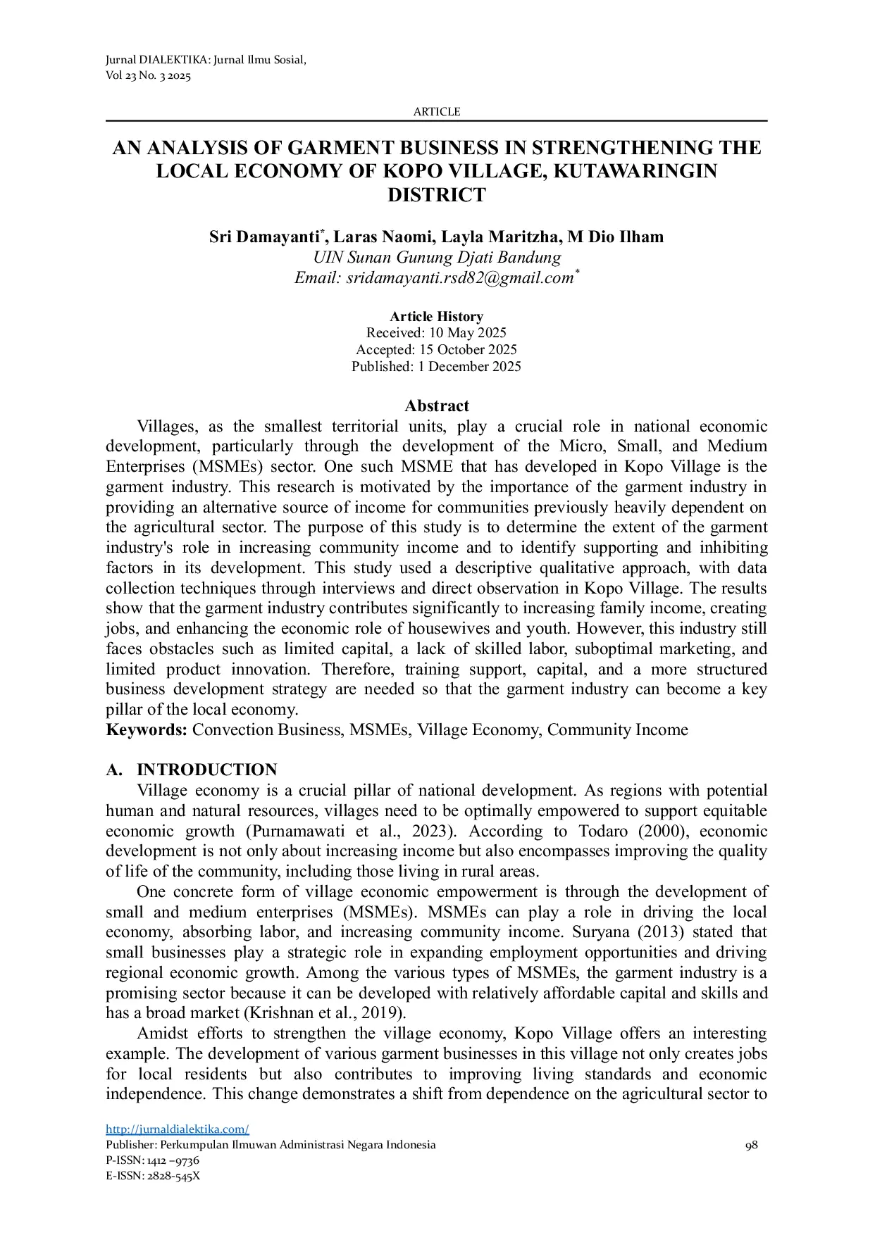 JURIS An Analysis of Garment Business in Strengthening the Local Economy of Kopo Village Kutawaringin District