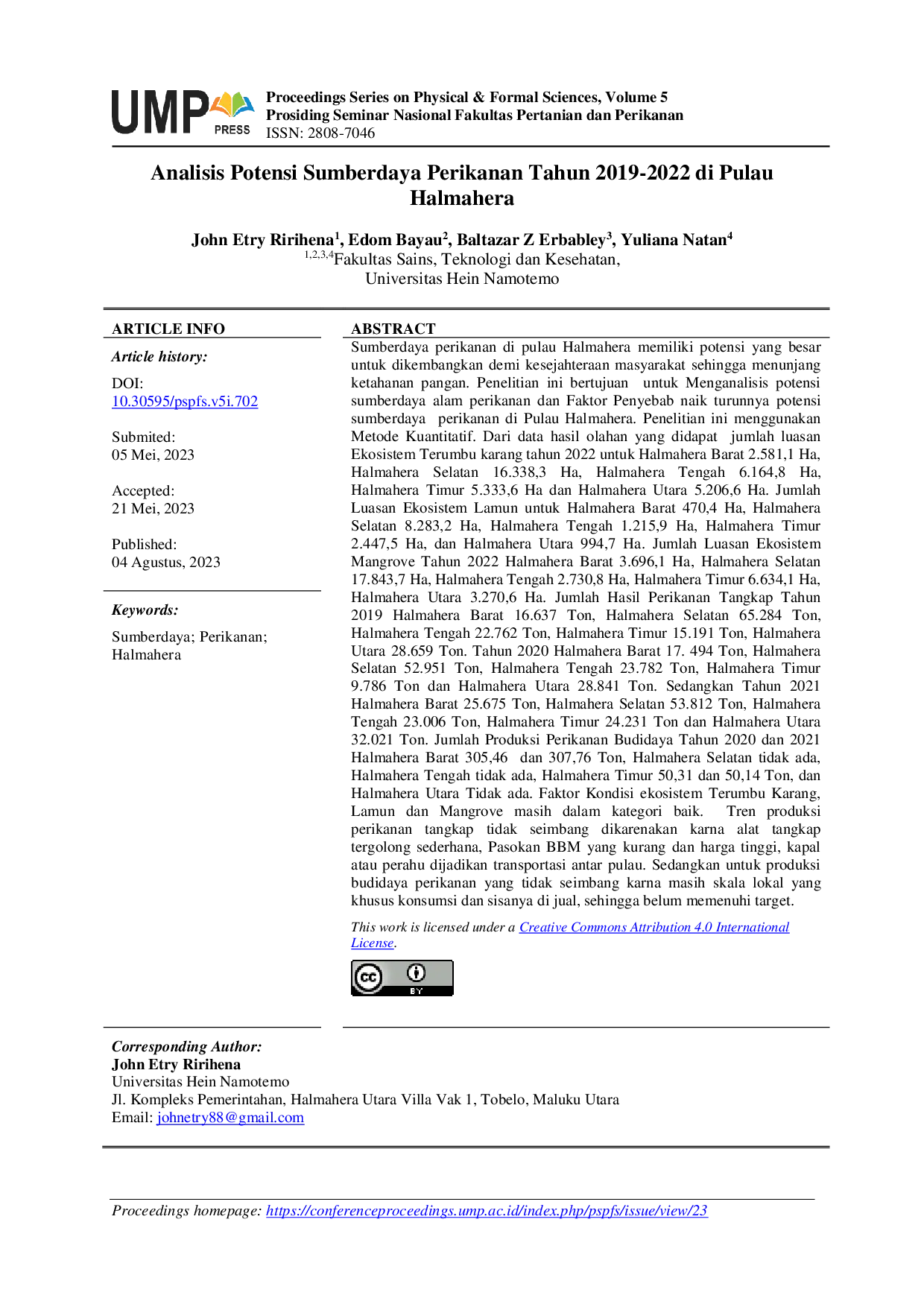 JURIS Analisis Potensi Sumberdaya Perikanan Tahun 2019 2022 di Pulau Halmahera