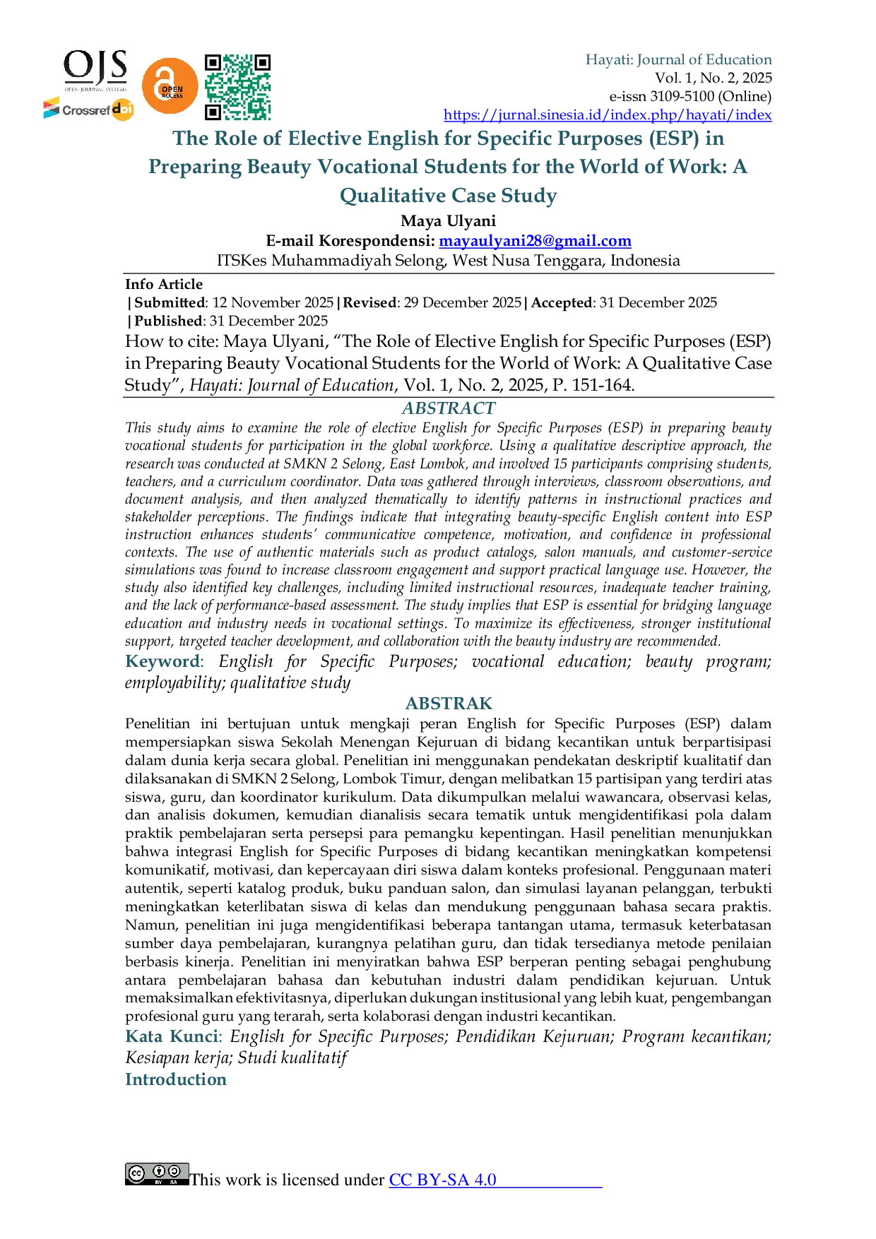 JURIS The Role of Elective English for Specific Purposes ESP in Preparing Beauty Vocational Students for the World of Work A Qualitative Case Study