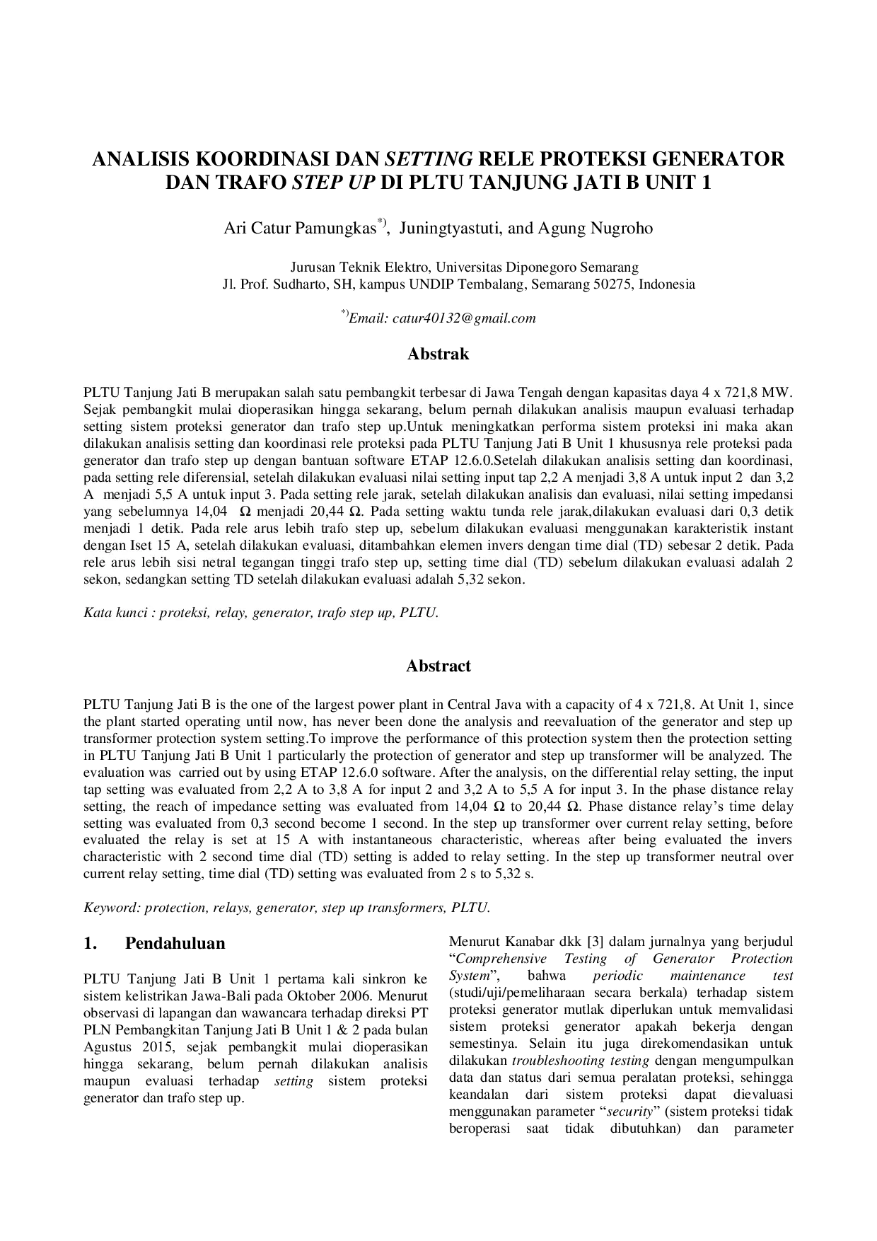 JURIS Analisis Koordinasi Dan Setting Rele Proteksi Generator Dan Trafo Step Up Di Pltu Tanjung Jati B Unit 1