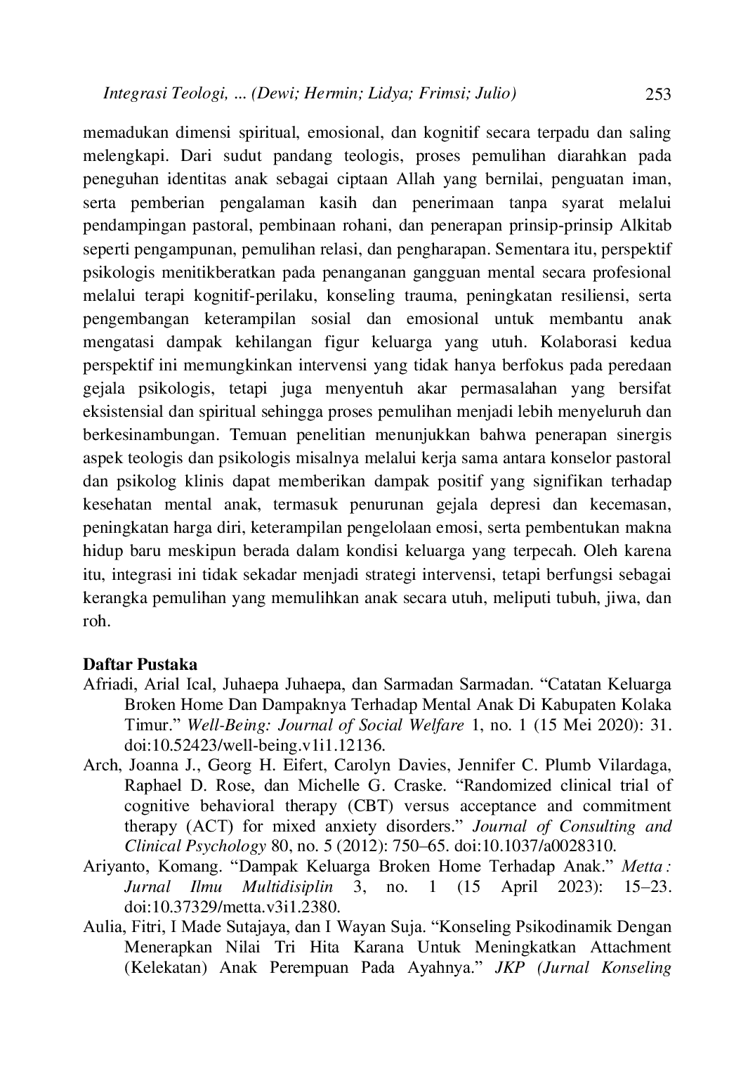 JURIS Integrasi Teologi dan Psikologi Terhadap Pemulihan Penyakit Mental Pada Anak Dari Keluarga Broken Home