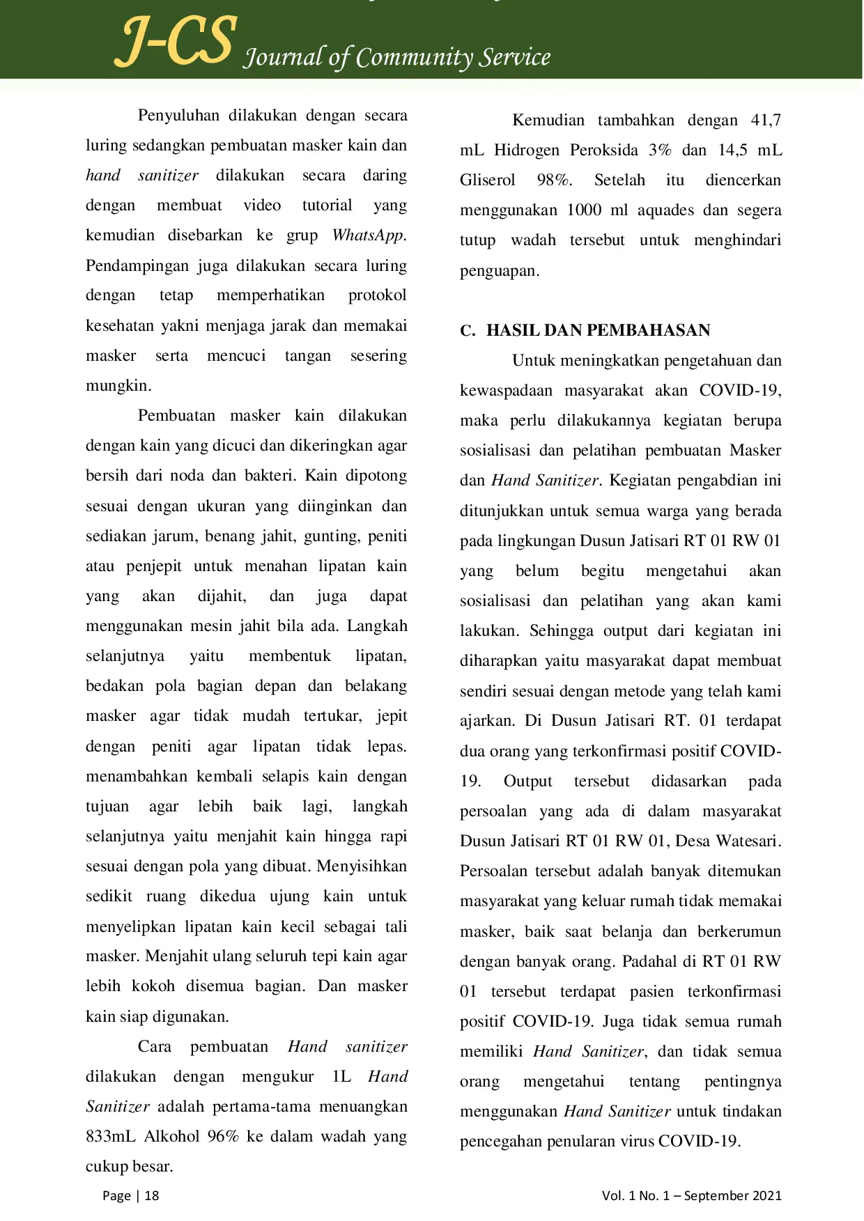 JURIS Pelatihan Pembuatan Masker Kain dan Hand Sanitizer di Desa Watesari Kecamatan Balongbendo Kabupaten Sidoarjo
