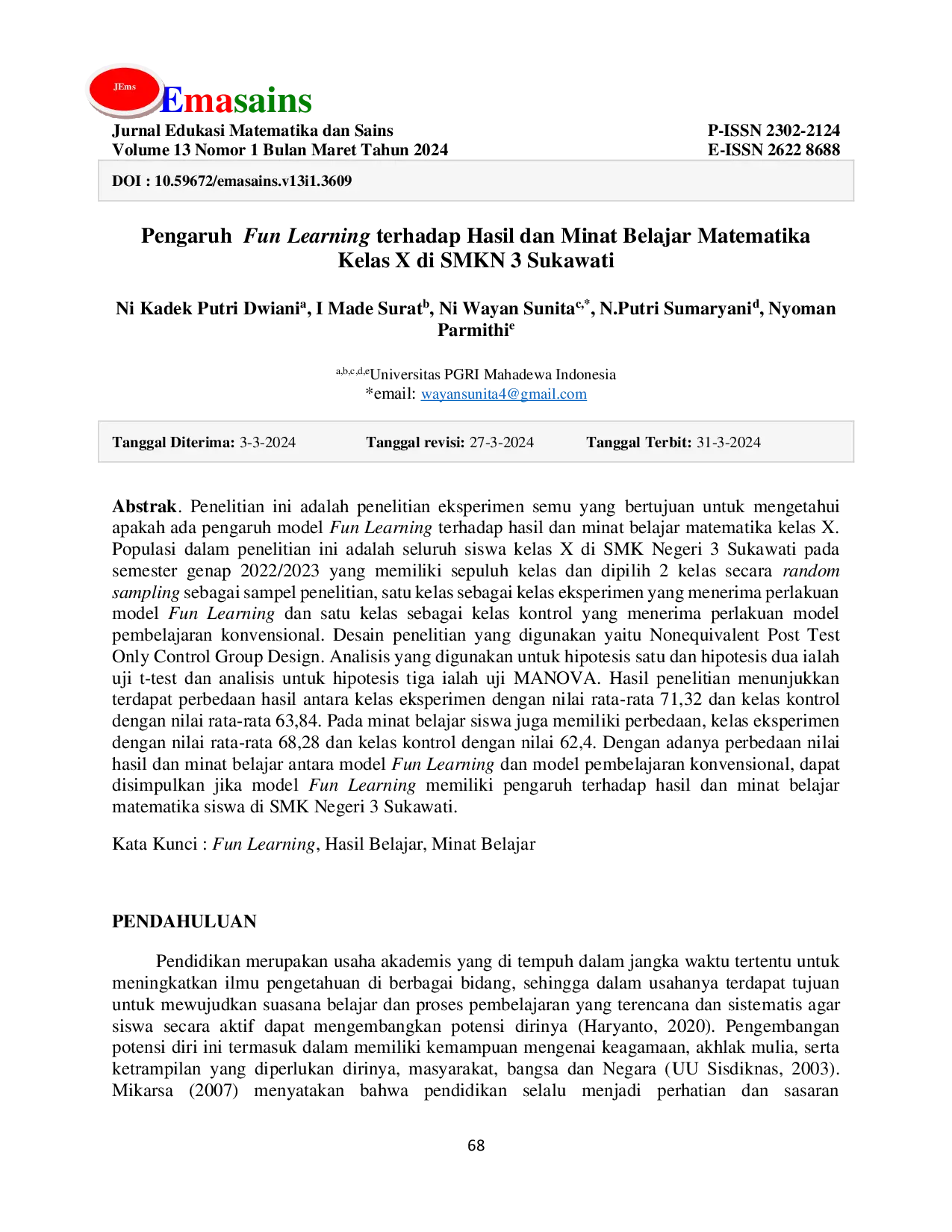 JURIS Pengaruh Fun Learning Terhadap Hasil Dan Minat Belajar Matematika Kelas X Di Smkn 3 Sukawati