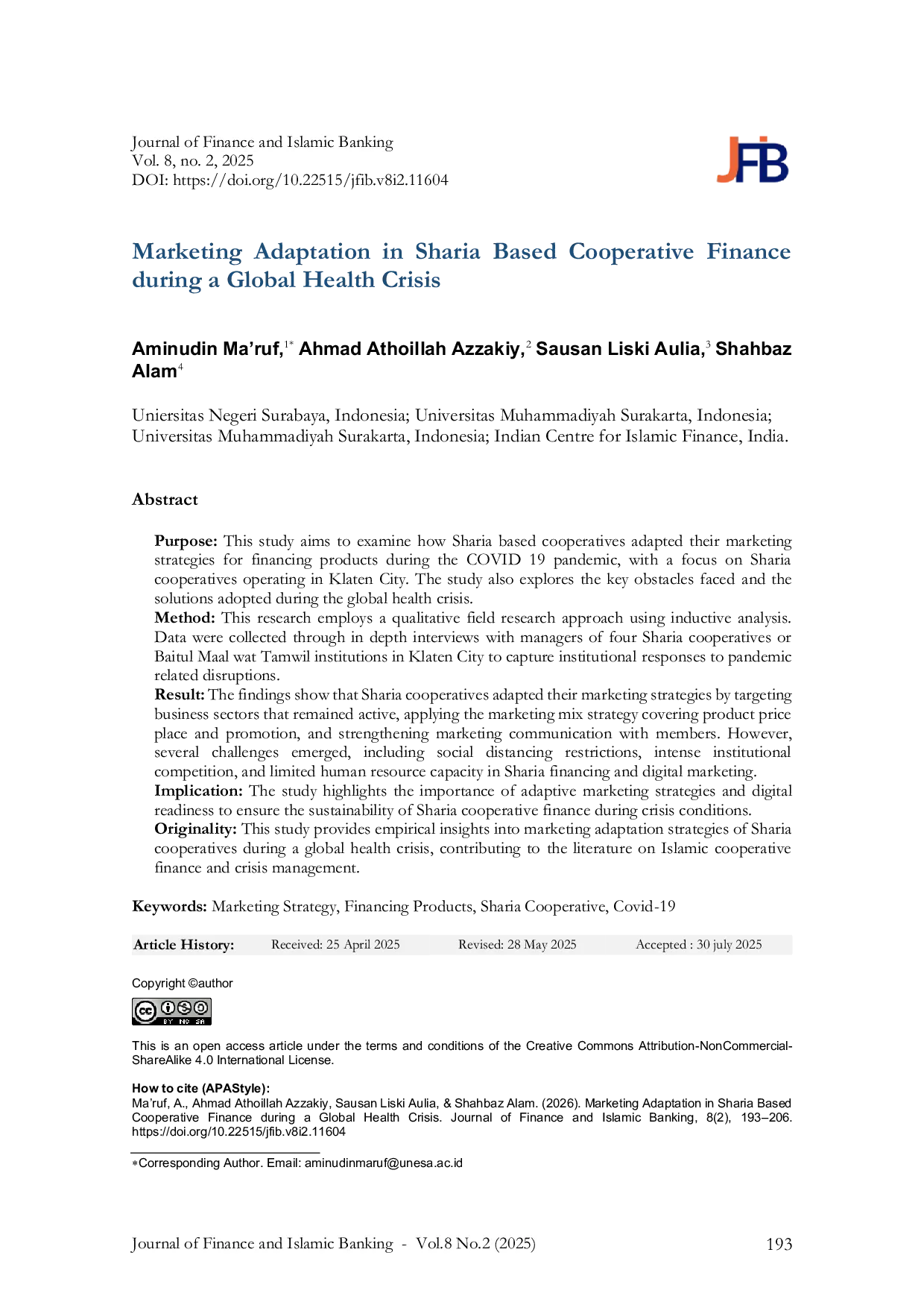JURIS Marketing Adaptation in Sharia Based Cooperative Finance during a Global Health Crisis