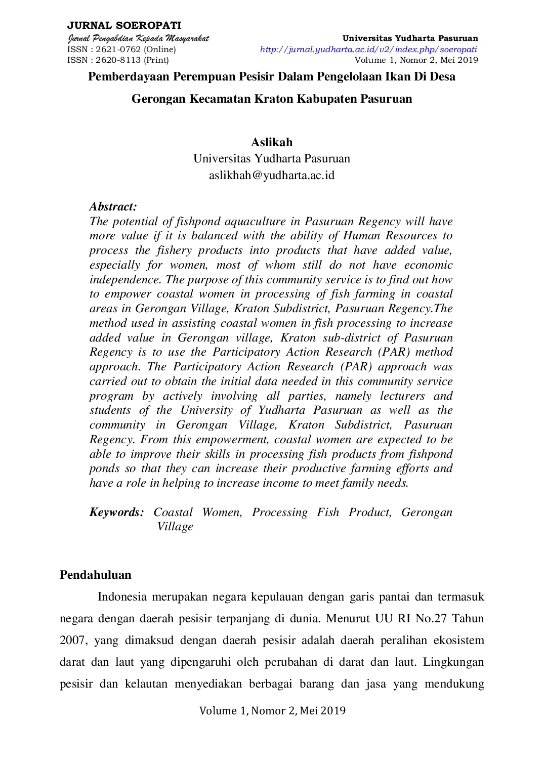 JURIS Pemberdayaan Perempuan Pesisir Dalam Pengelolaan Ikan Di Desa Gerongan Kecamatan Kraton Kabupaten Pasuruan