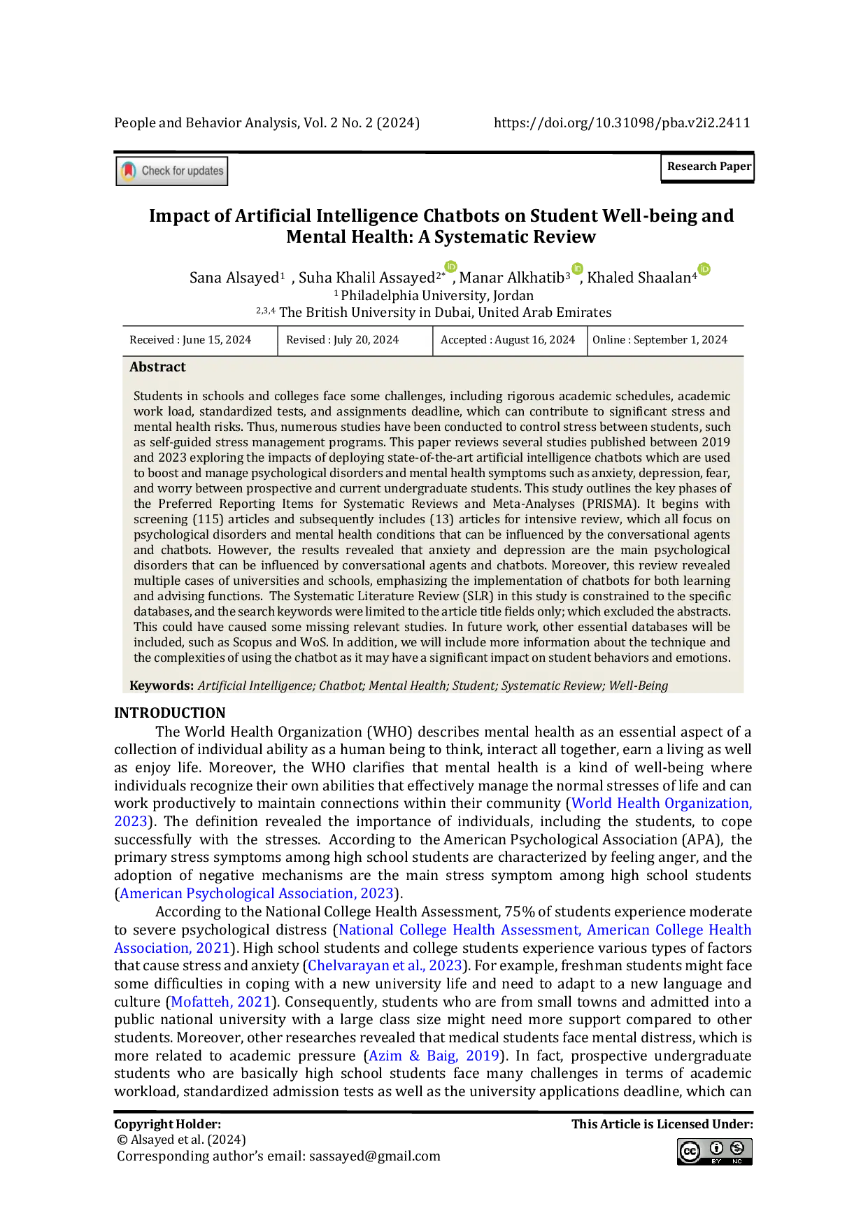 JURIS Impact of Artificial Intelligence Chatbots on Student Well being and Mental Health A Systematic Review