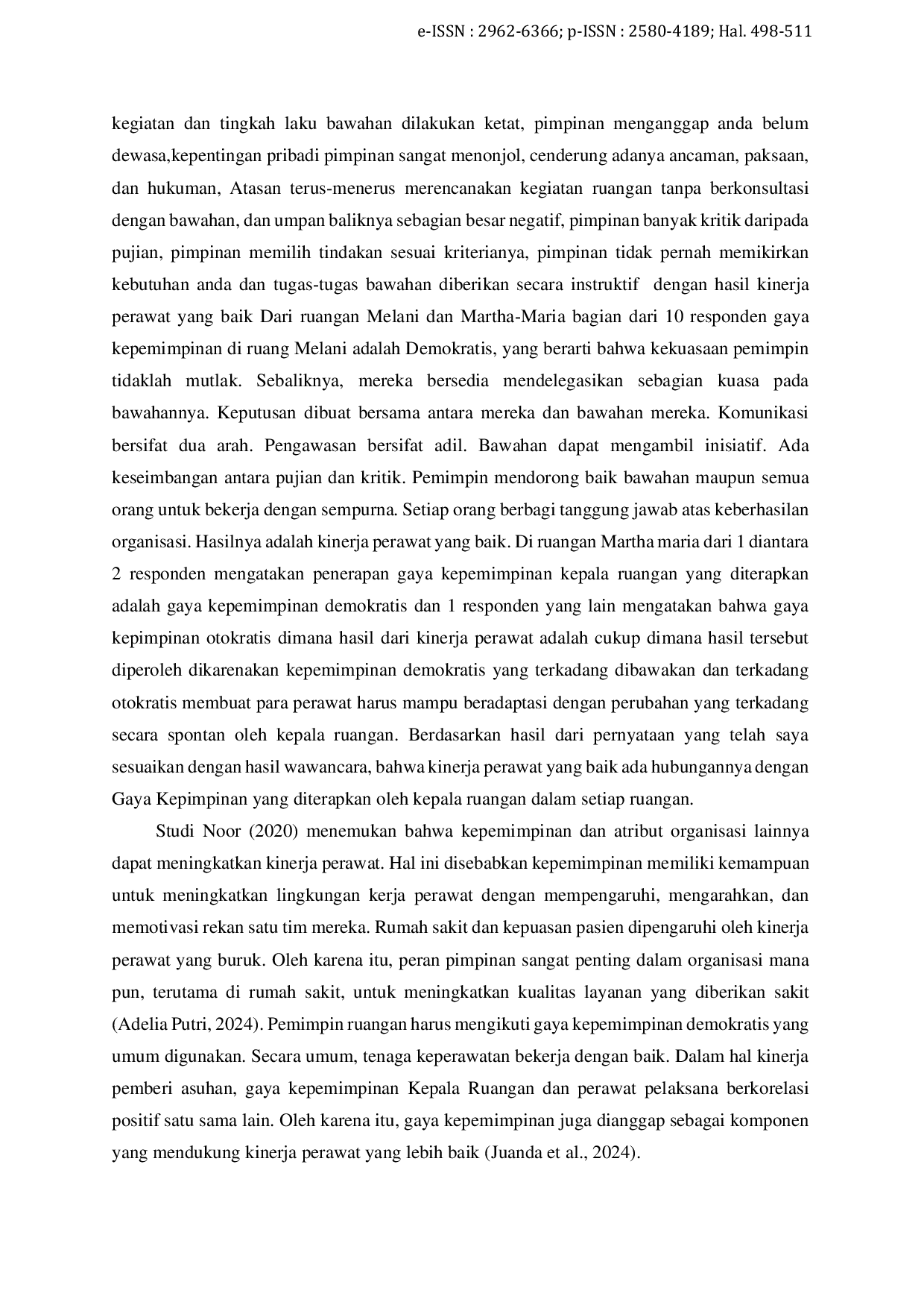 JURIS Gaya Kepemimpinan dengan Kinerja Perawat Pelaksana di Rumah Sakit Santa Elisabeth Medan Tahun 2024