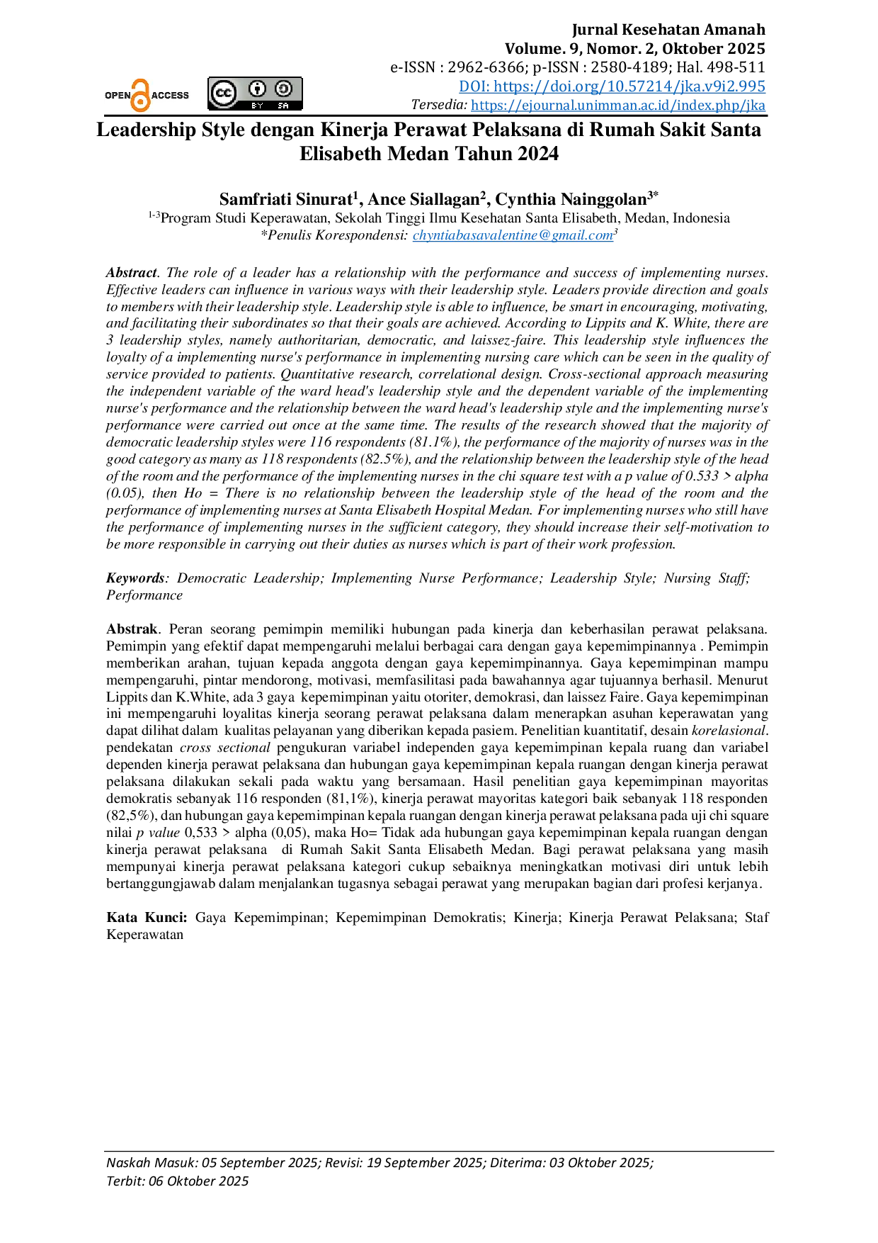 JURIS Gaya Kepemimpinan dengan Kinerja Perawat Pelaksana di Rumah Sakit Santa Elisabeth Medan Tahun 2024