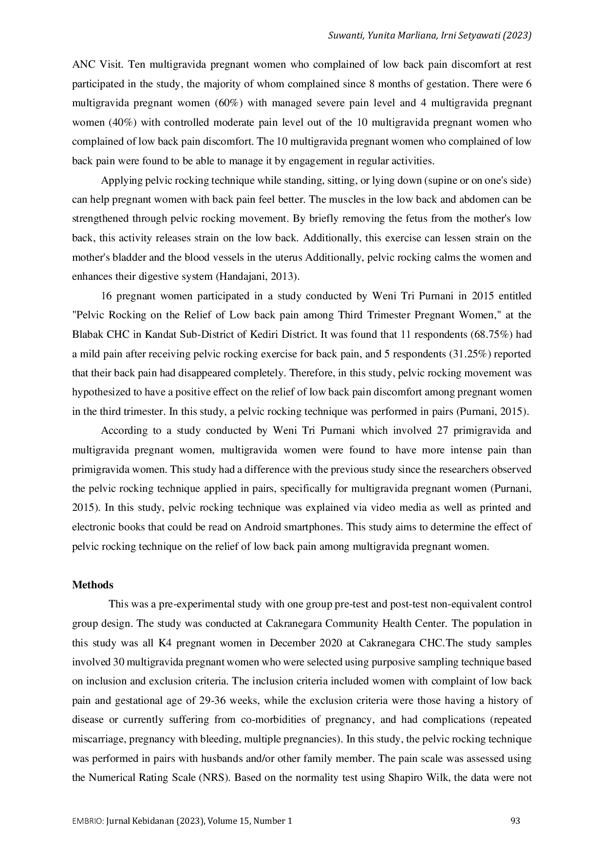 JURIS Effect of Pelvic Rocking Technique on the Relief of Low Back Pain among Multigravida Pregnant Women