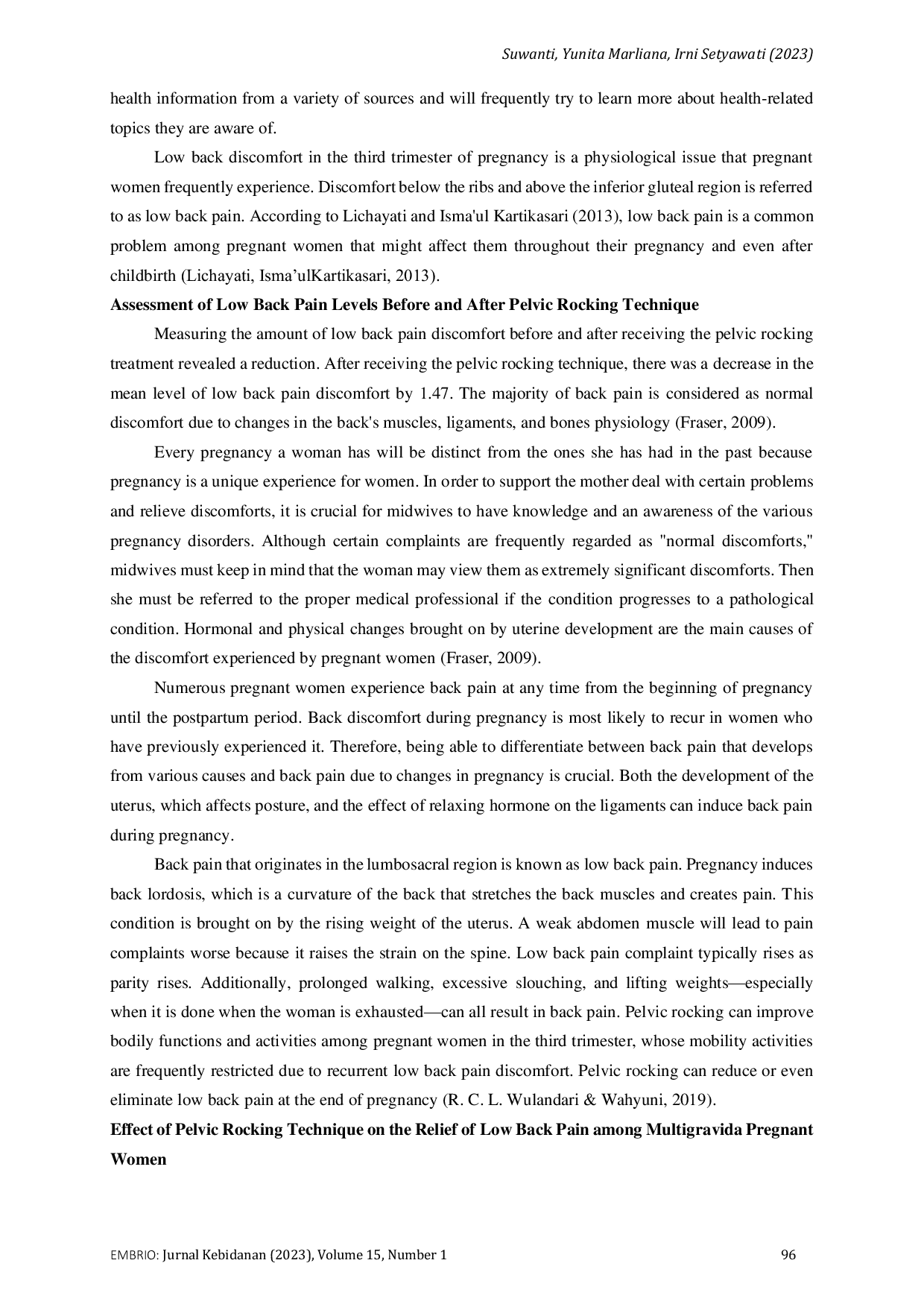 JURIS Effect of Pelvic Rocking Technique on the Relief of Low Back Pain among Multigravida Pregnant Women