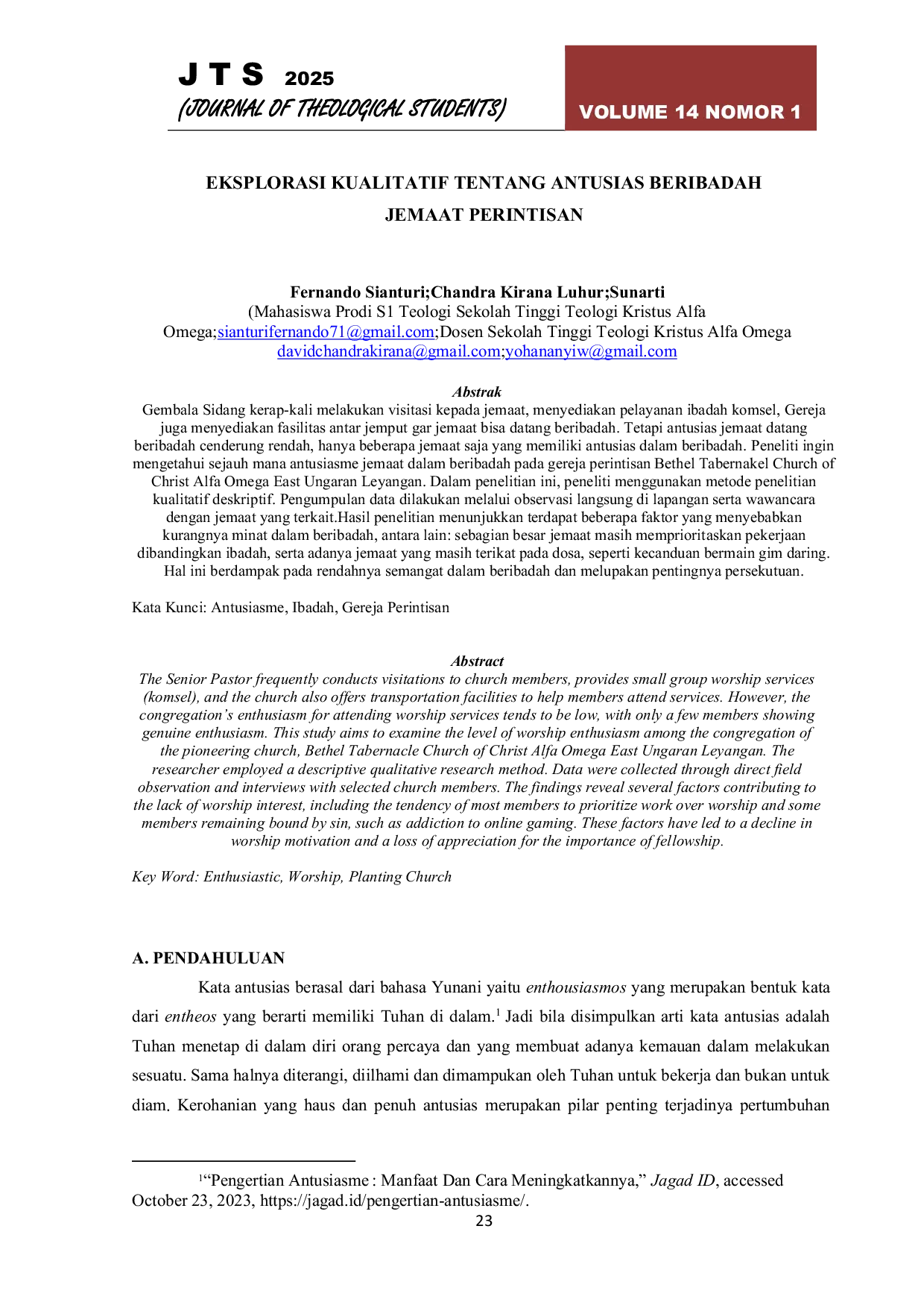 JURIS Eksplorasi Kualitatif Tentang Antusias Beribadah Jemaat Perintisan