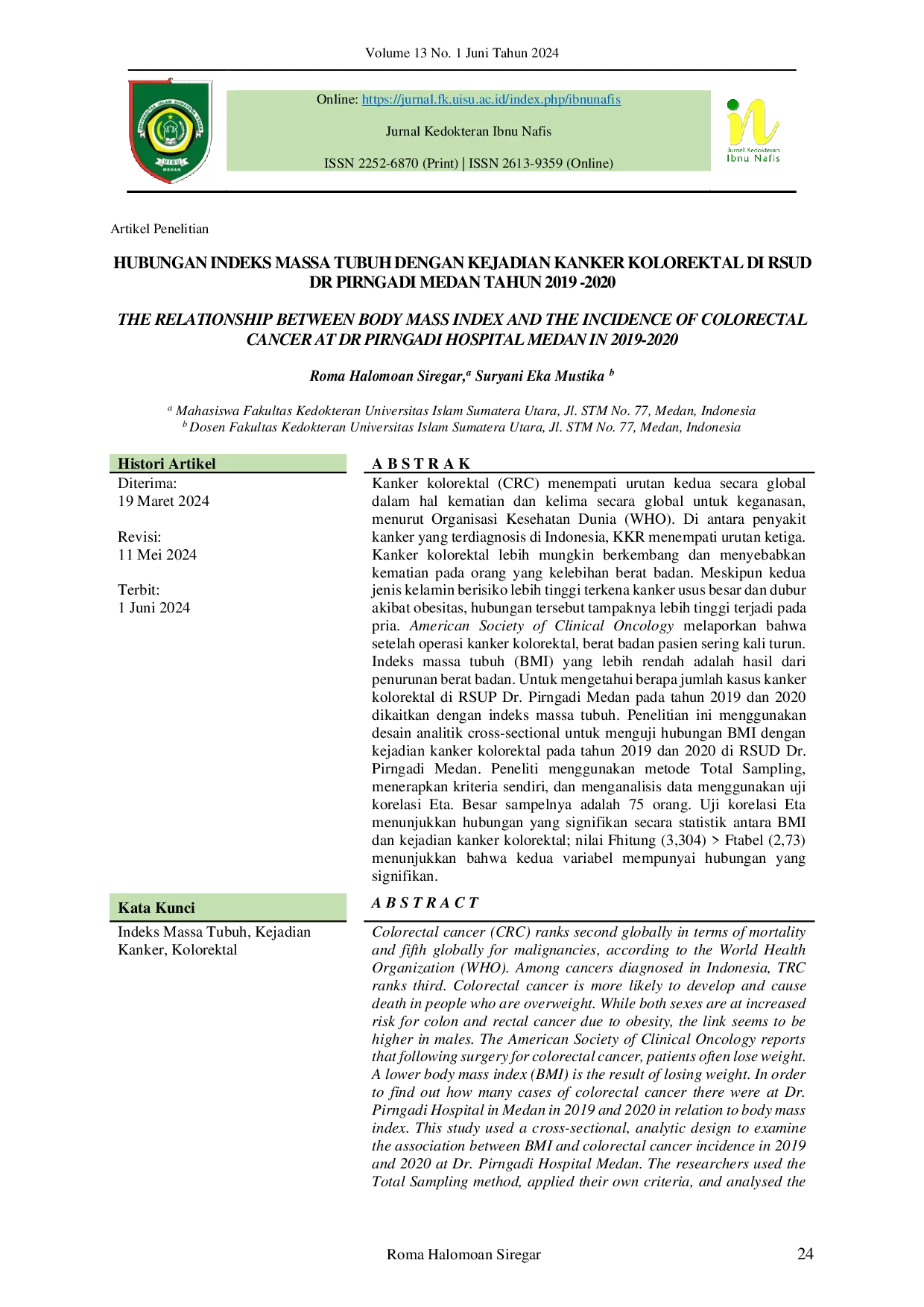 JURIS Hubungan Indeks Massa Tubuh Dengan Kejadian Kanker Kolorektal Di Rsud Dr Pirngadi Medan Tahun 2019 2020