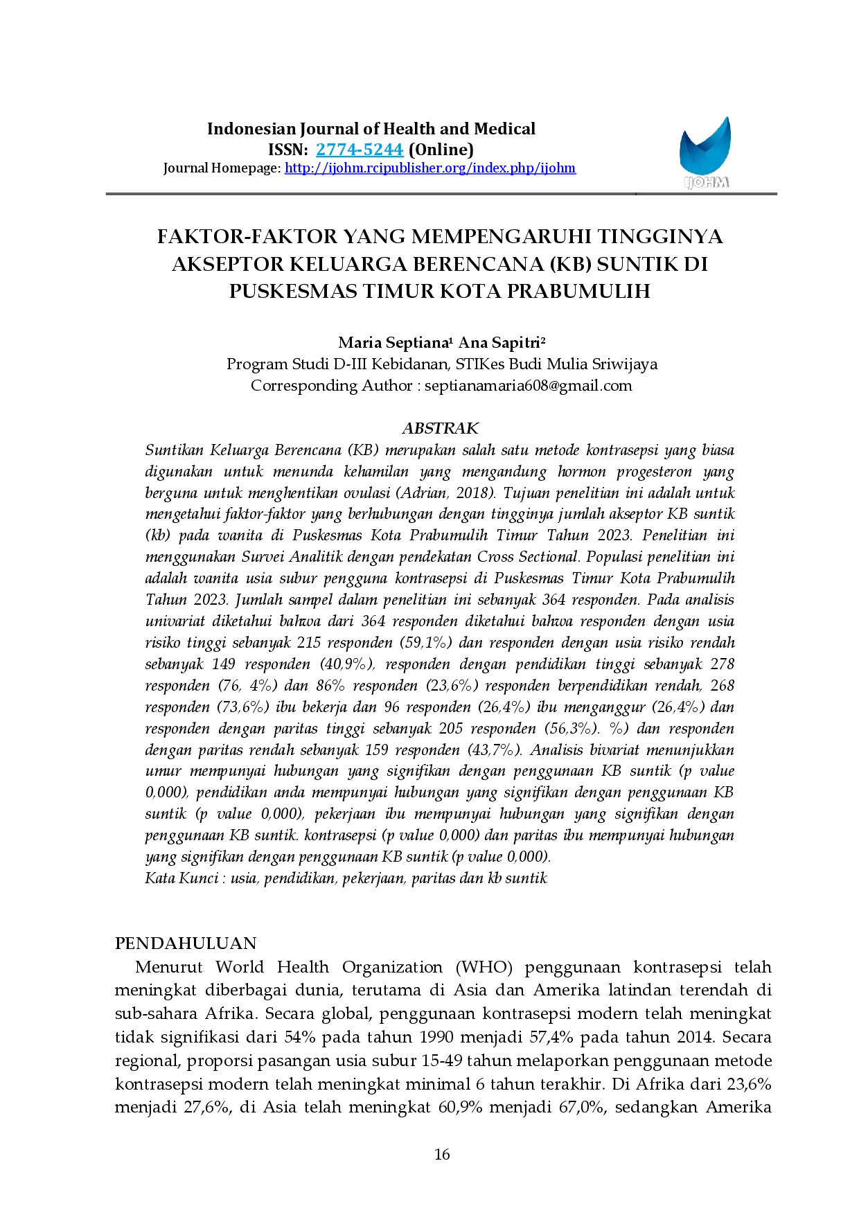 juris Faktor Faktor yang Mempengaruhi Tingginya Akseptor Keluarga Berencana KB Suntik di Puskesmas Timur Kota Prabumulih