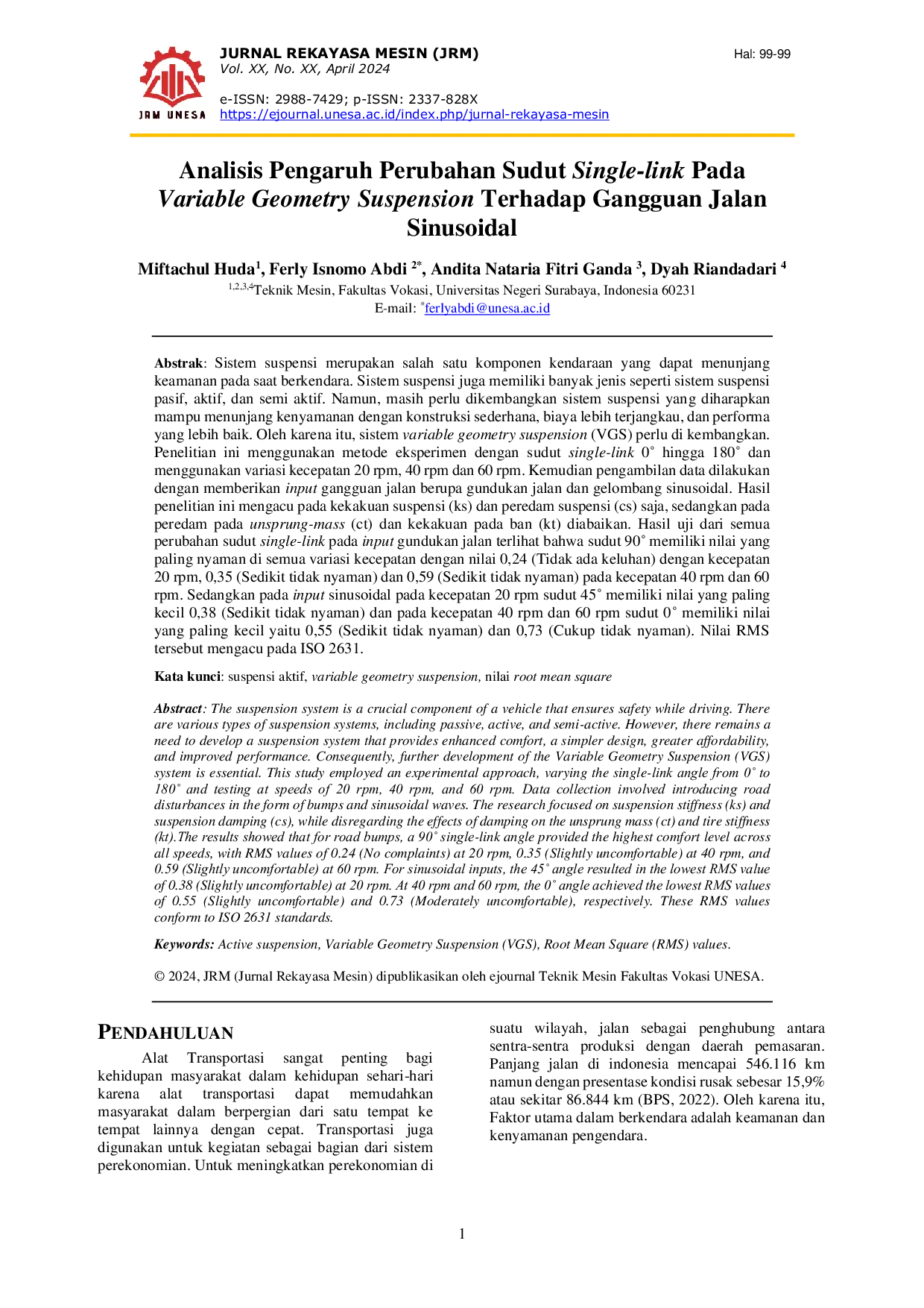 JURIS Analisis Pengaruh Perubahan Sudut Single link pada Variable Geometry Suspension Terhadap Gangguan Jalan Sinusoidal