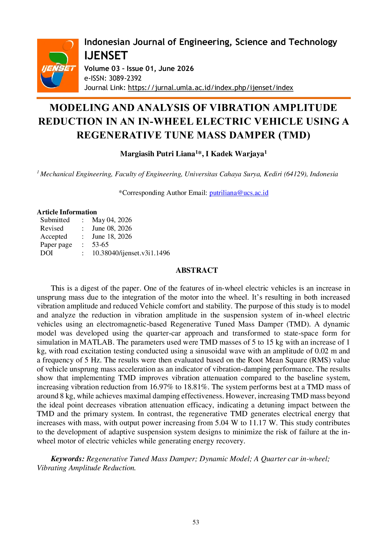 JURIS Modeling and Analysis of Vibration Amplitude Reduction in In Wheel Electric Vehicle Using a Regenerative Tune Mass Damper TMD