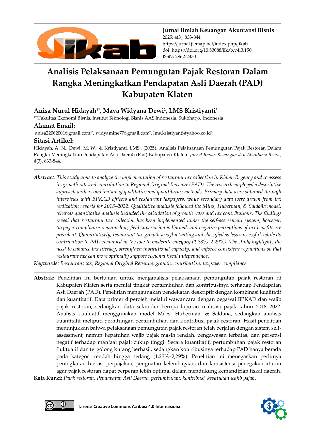 JURIS Analisis Pelaksanaan Pemungutan Pajak Restoran Dalam Rangka Meningkatkan Pendapatan Asli Daerah PAD Kabupaten Klaten