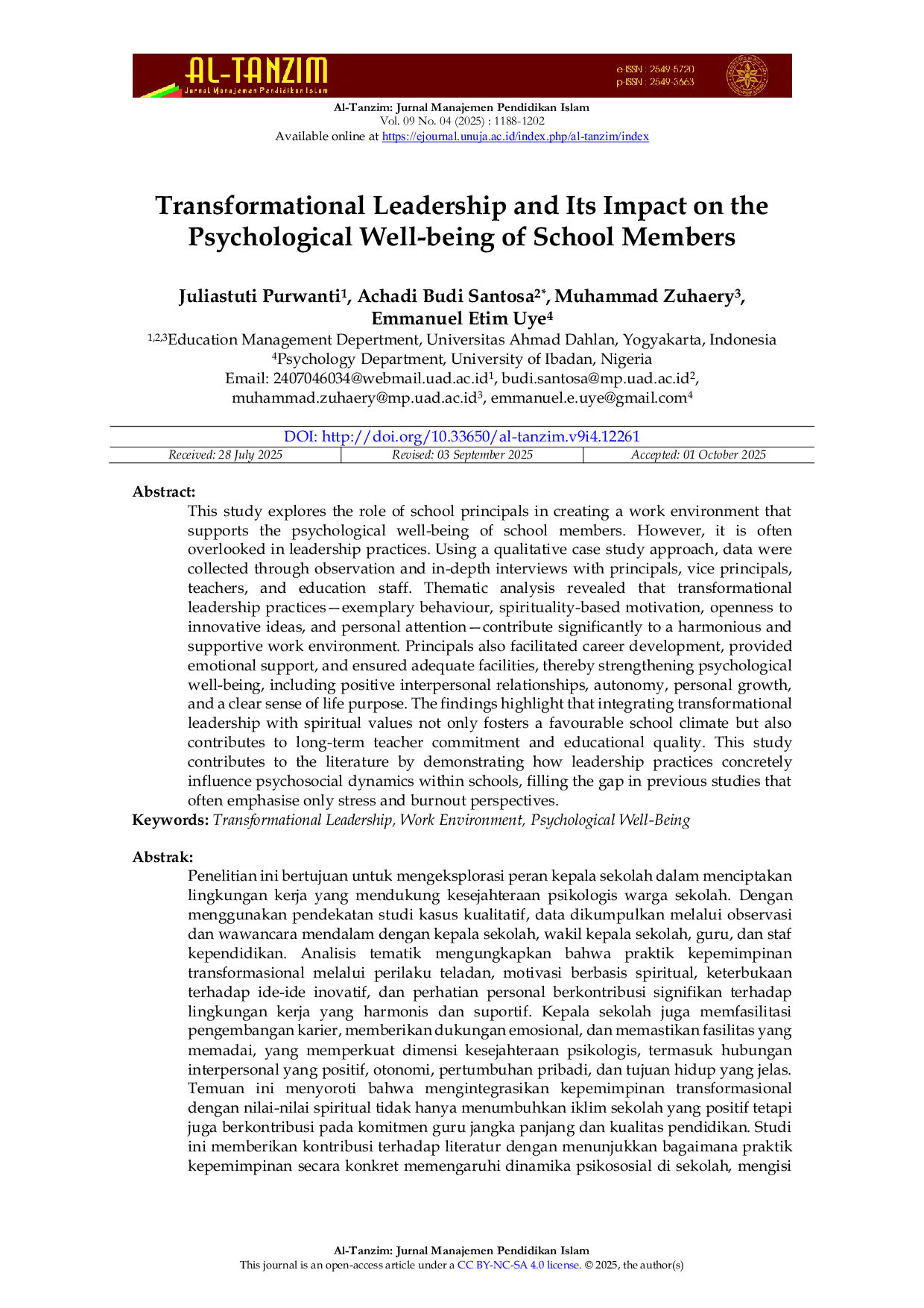 JURIS Transformational Leadership and Its Impact on the Psychological Well being of School Members