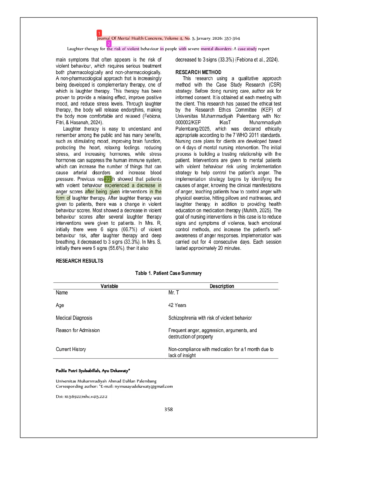 JURIS Laughter therapy for the risk of violent behaviour in people with severe mental disorders A case study report