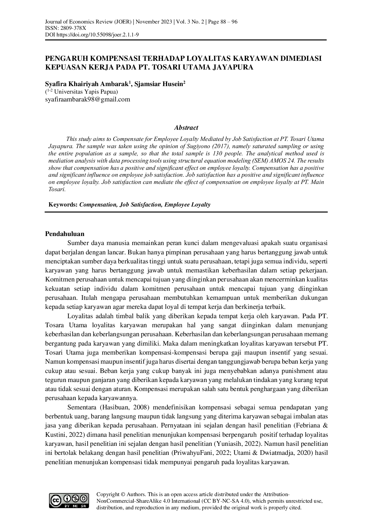 JURIS Pengaruh Kompensasi Terhadap Loyalitas Karyawan Dimediasi Kepuasan Kerja Pada PT Tosari Utama Jayapura