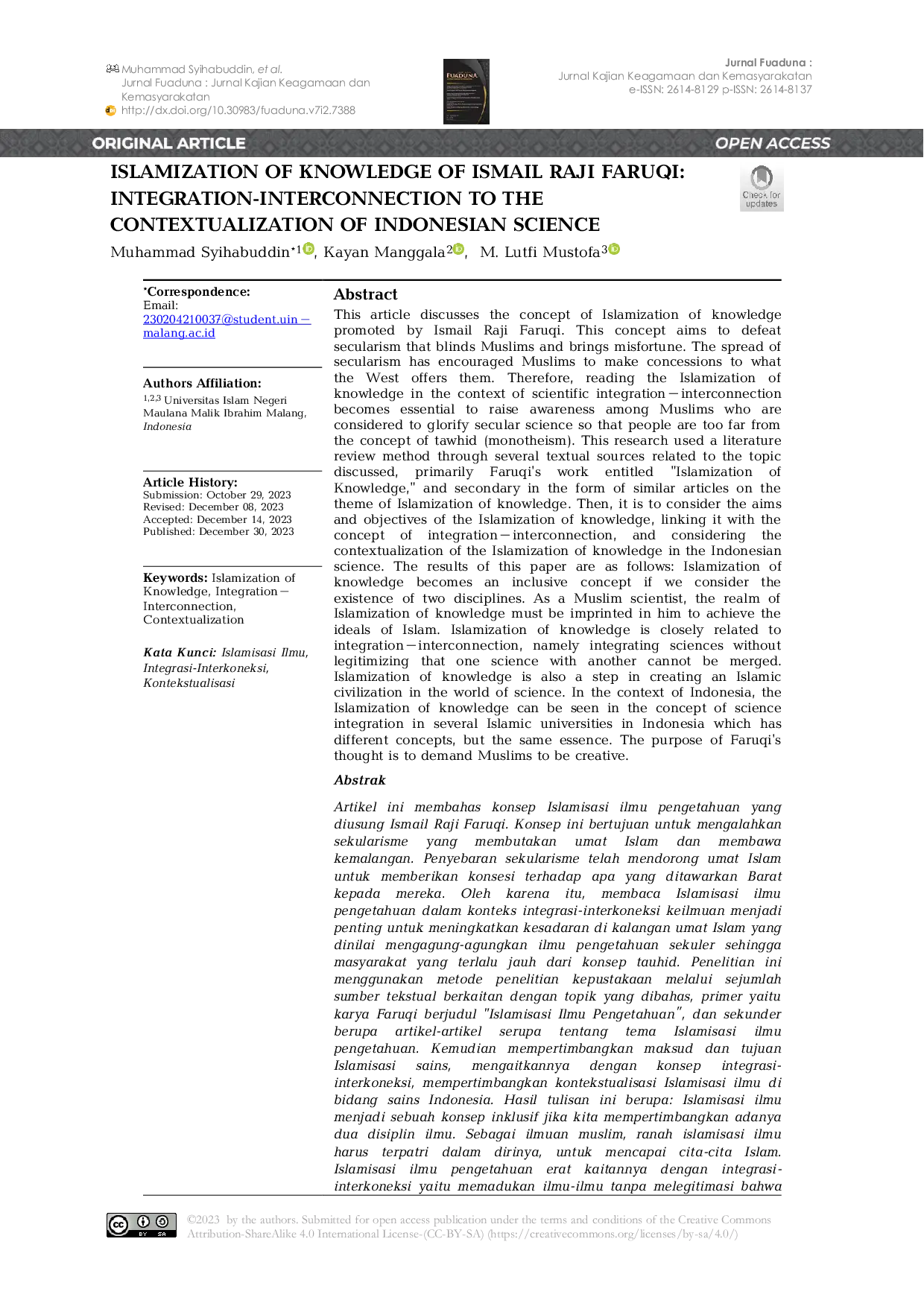 JURIS Islamization of Knowledge of Ismail Raji Faruqi Integration Interconnection to the Contextualization of Indonesian Science