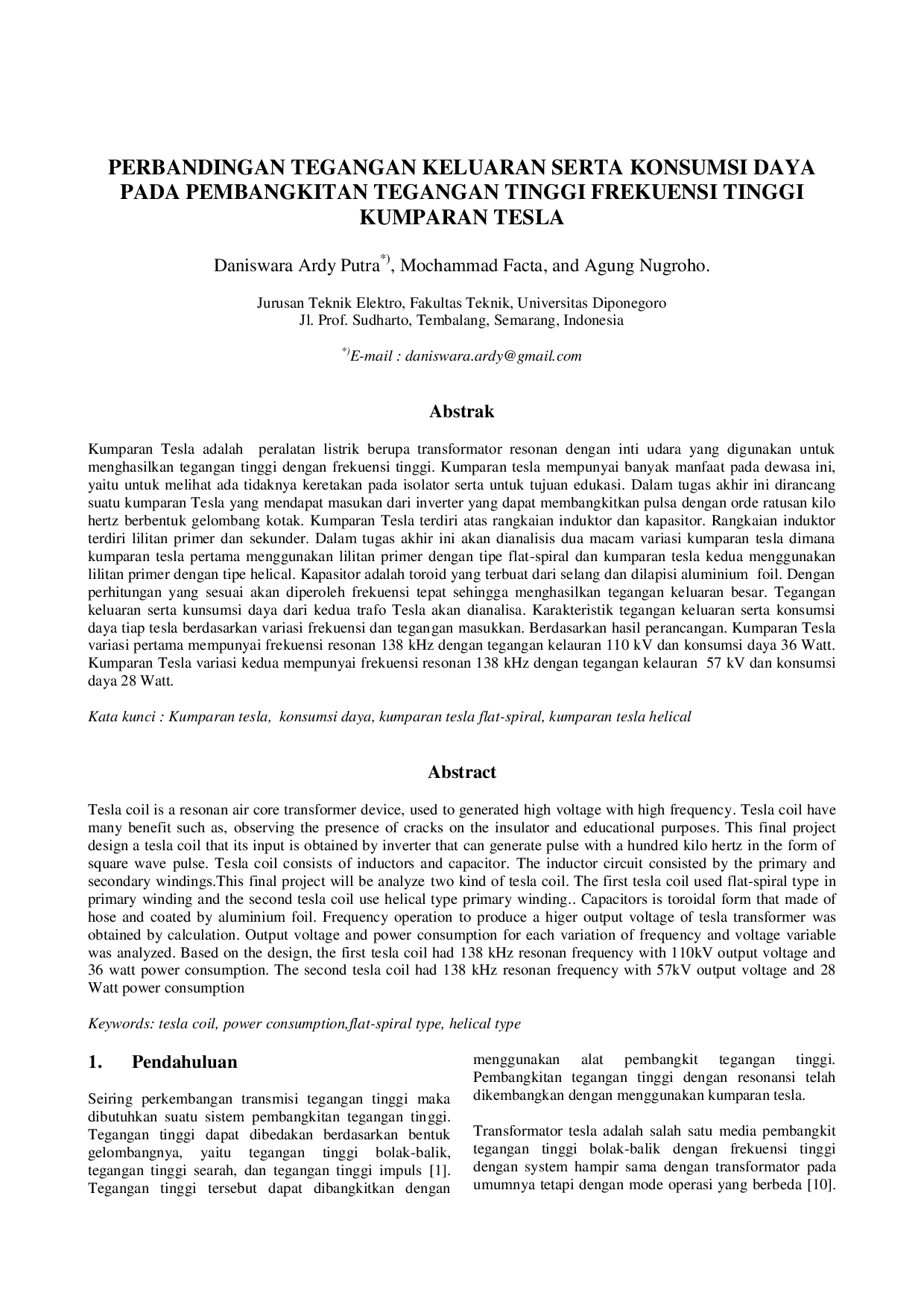 JURIS Perbandingan Tegangan Keluaran Serta Konsumsi Daya Pada Pembangkitan Tegangan Tinggi Frekuensi Tinggi Kumparan Tesla