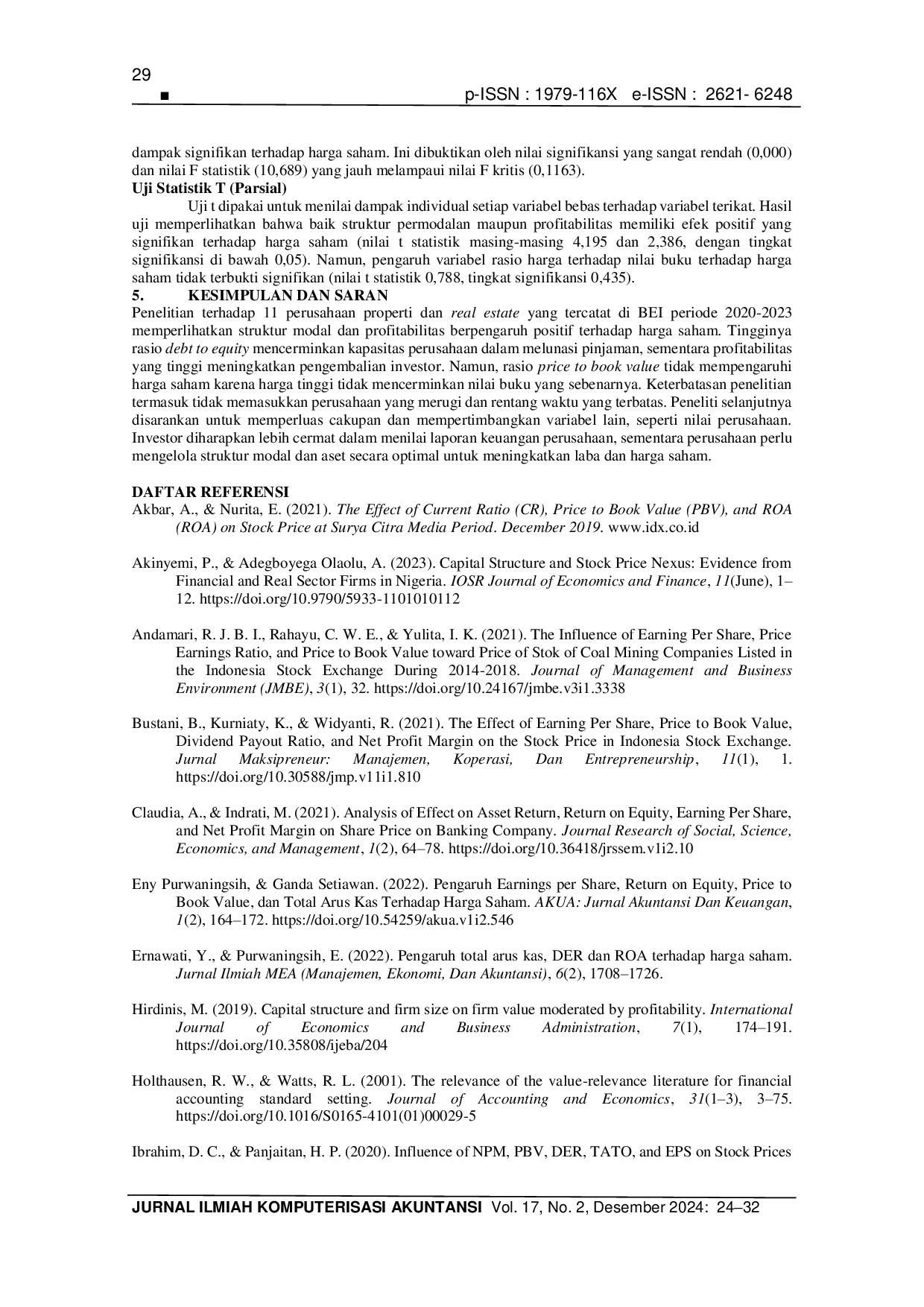 JURIS Pengaruh Struktur Modal Profitabilitas Dan Price To Book Value Terhadap Harga Saham