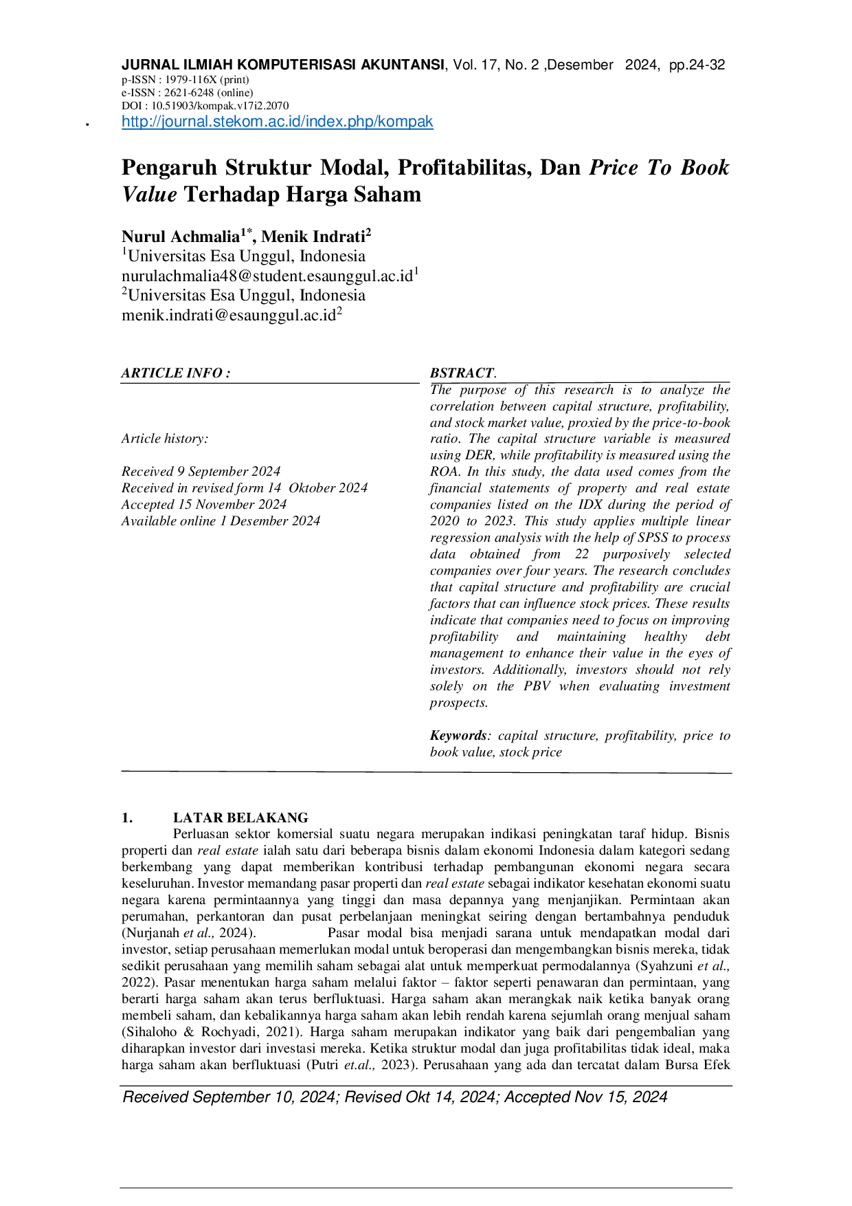 JURIS Pengaruh Struktur Modal Profitabilitas Dan Price To Book Value Terhadap Harga Saham