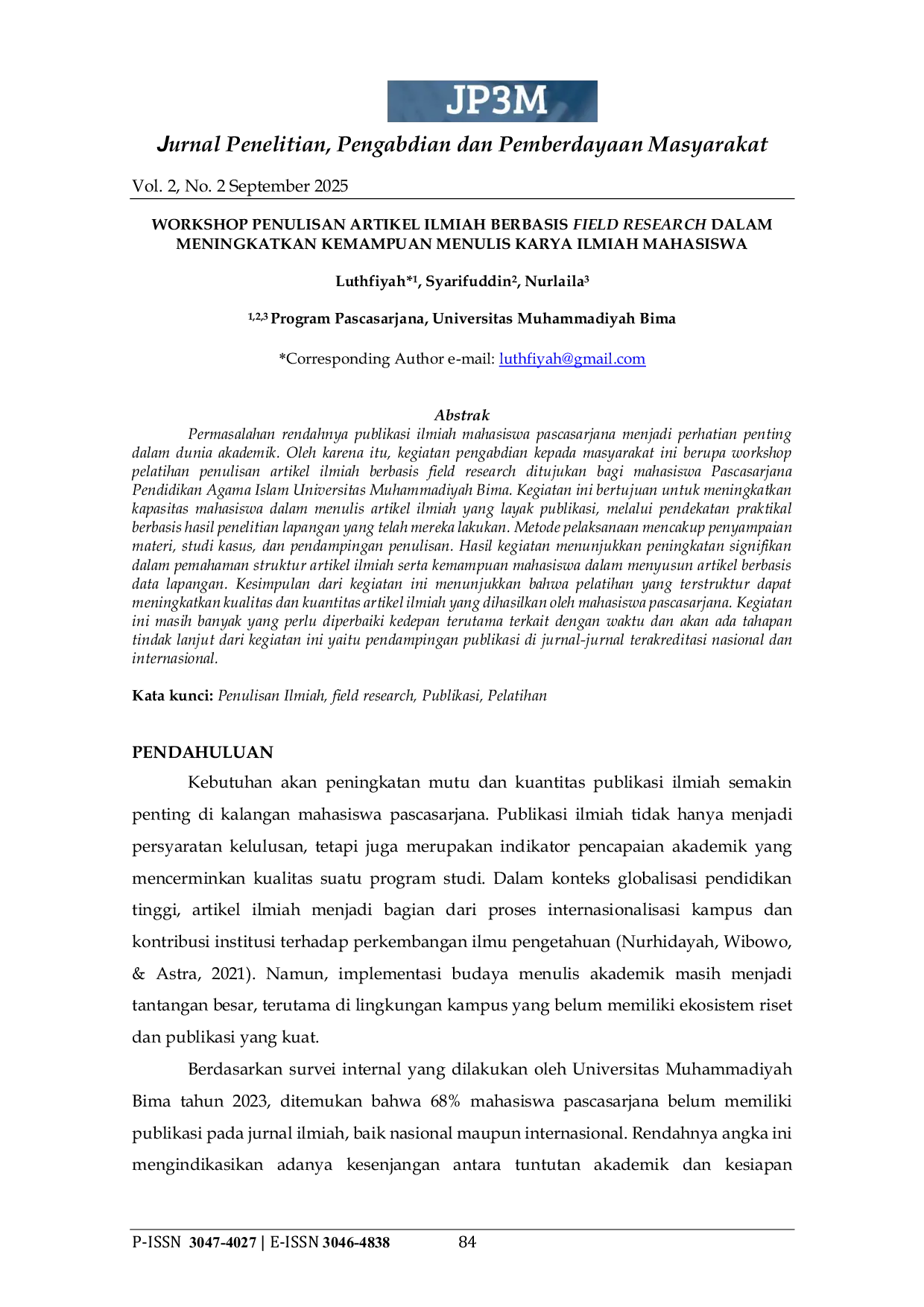 JURIS Workshop Penulisan Artikel Ilmiah Berbasis Field Research dalam Meningkatkan Kemampuan Menulis Karya Ilmiah Mahasiswa