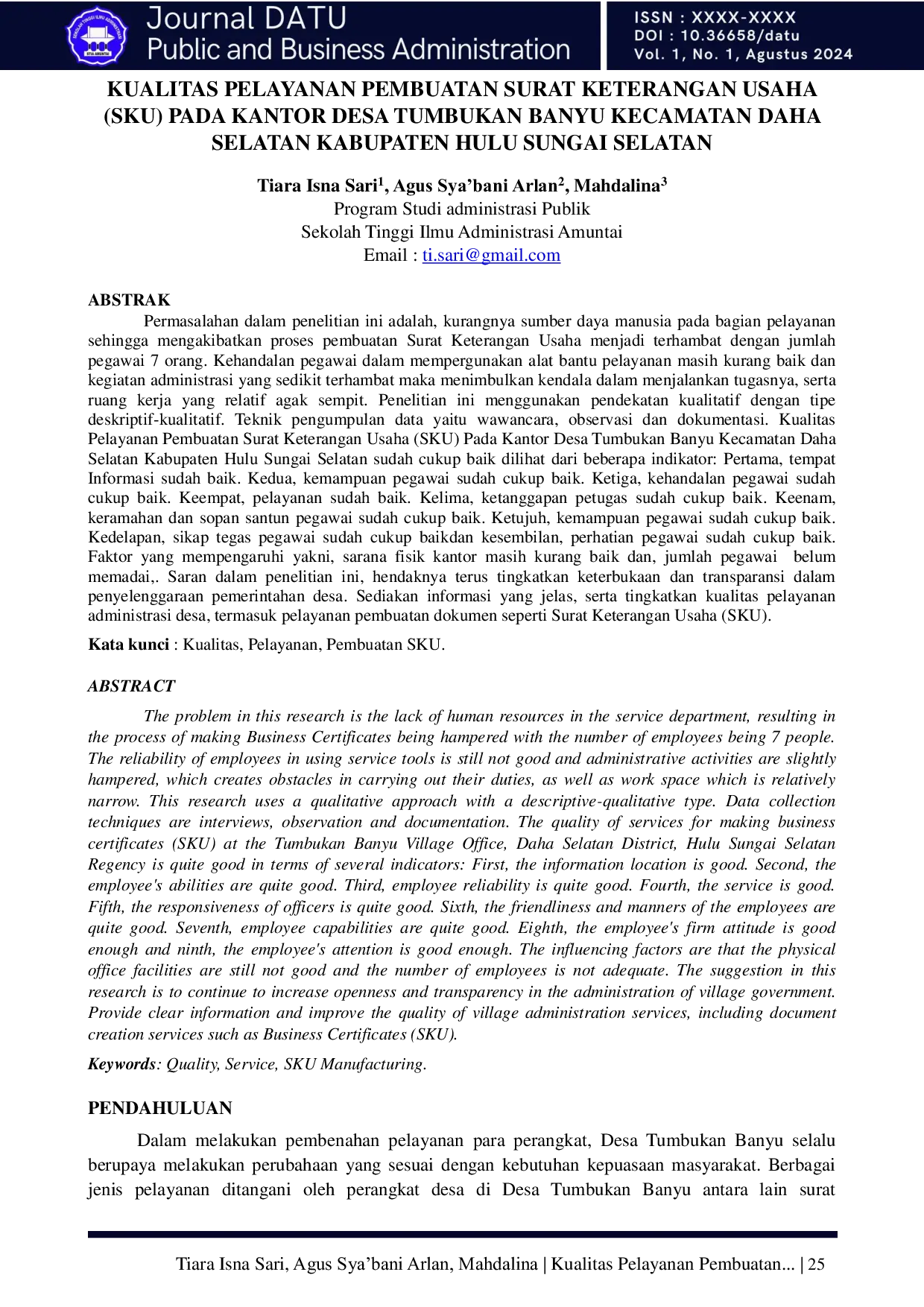 JURIS Kualitas Pelayanan Pembuatan Surat Keterangan Usaha SKU Pada Kantor Desa Tumbukan Banyu Kecamatan Daha Selatan Kabupaten Hulu Sungai Selatan