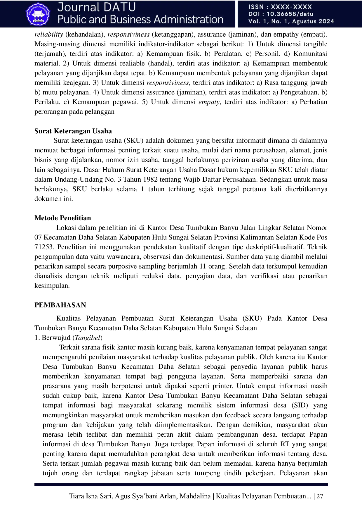JURIS Kualitas Pelayanan Pembuatan Surat Keterangan Usaha SKU Pada Kantor Desa Tumbukan Banyu Kecamatan Daha Selatan Kabupaten Hulu Sungai Selatan