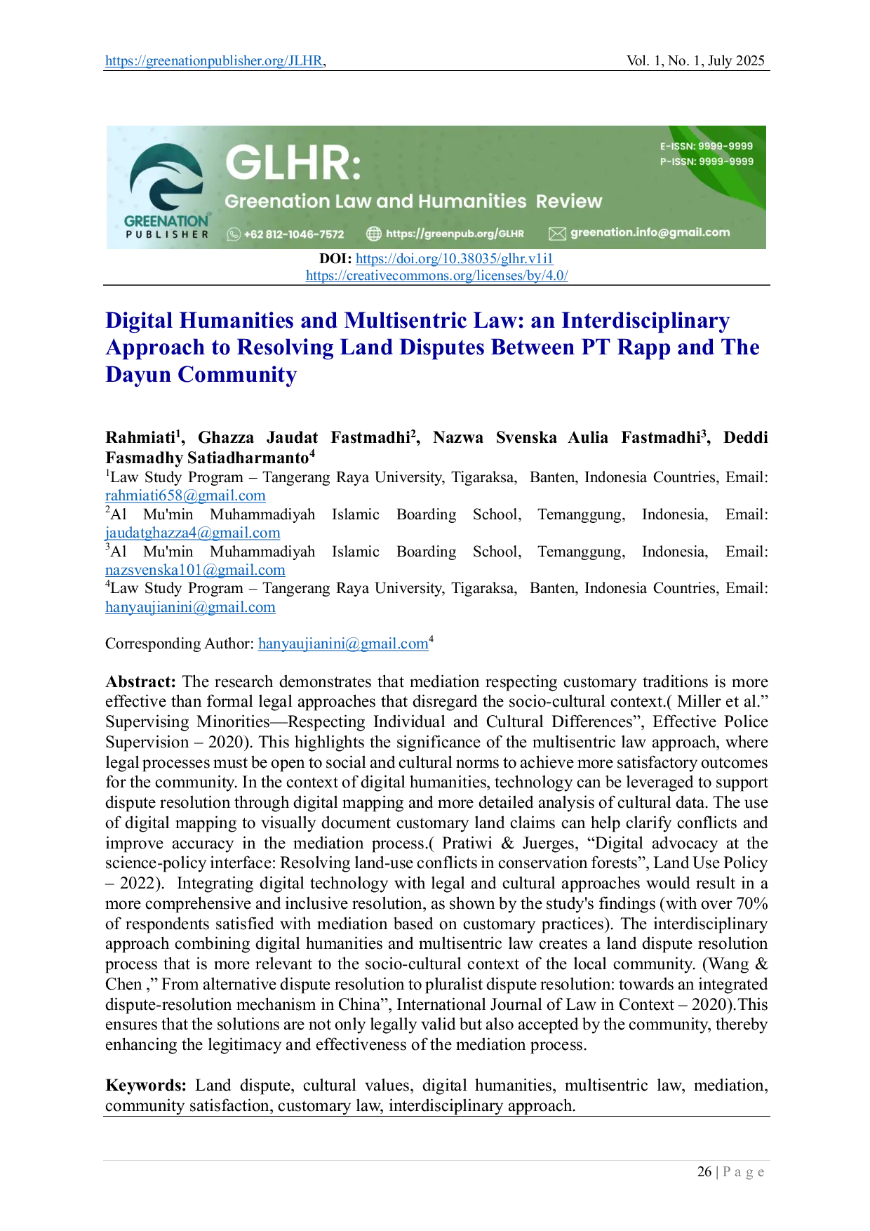 JURIS Digital Humanities and Multisentric Law an Interdisciplinary Approach to Resolving Land Disputes Between PT Rapp and The Dayun Community