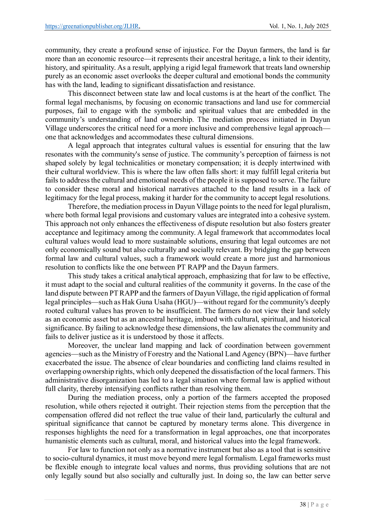 JURIS Digital Humanities and Multisentric Law an Interdisciplinary Approach to Resolving Land Disputes Between PT Rapp and The Dayun Community