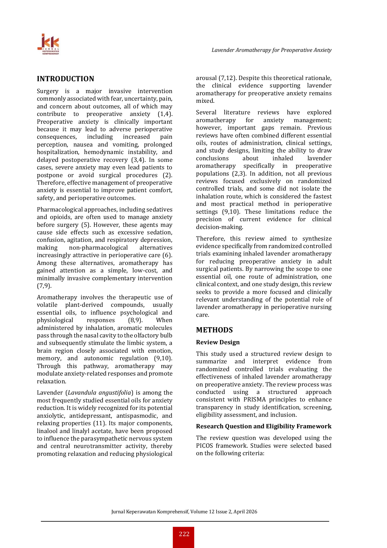 JURIS Inhaled Lavender Aromatherapy for Preoperative Anxiety A Systematic Review of Randomized Controlled Trials