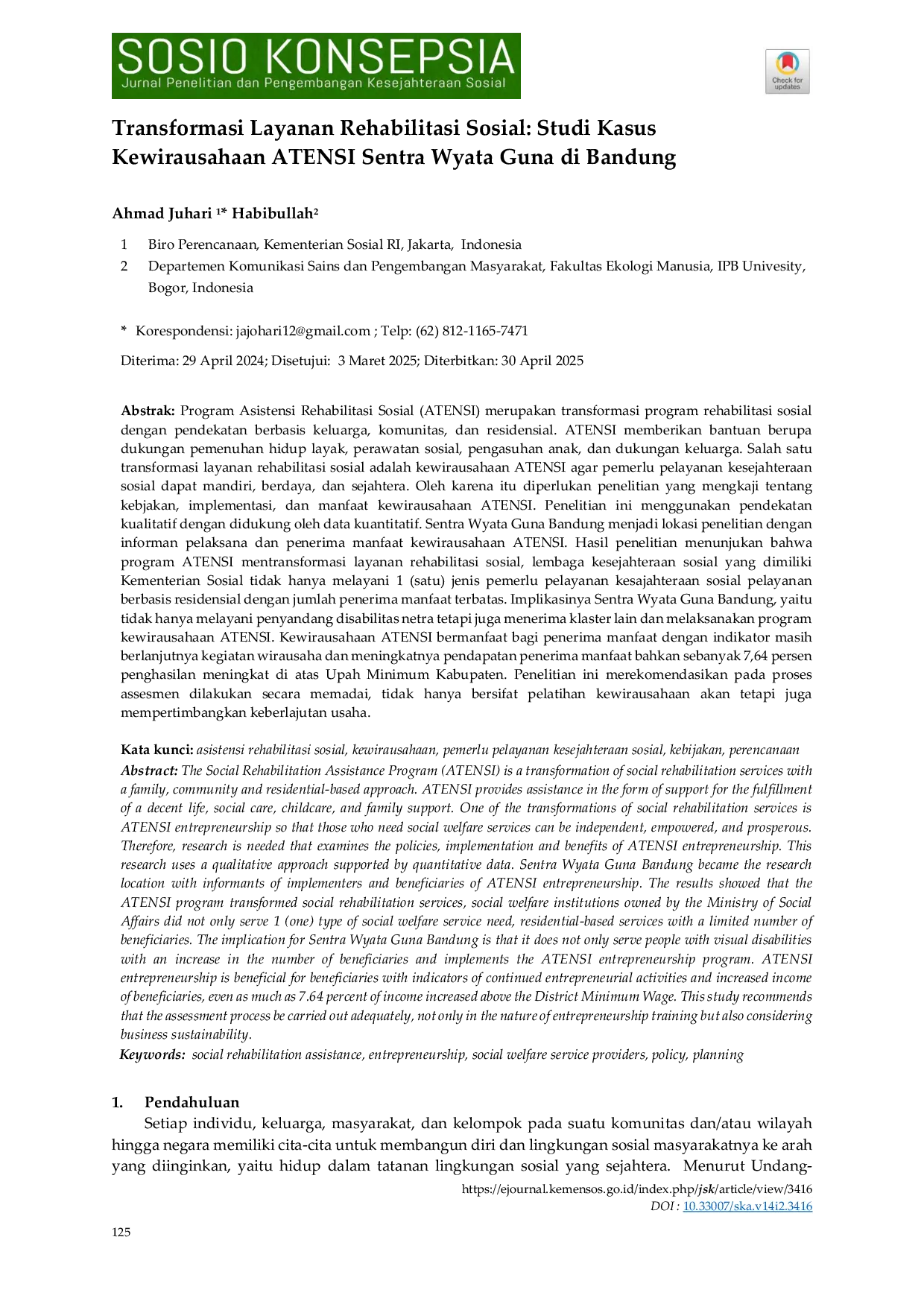 JURIS Transformasi Layanan Rehabilitasi Sosial Studi Kasus Kewirausahaan ATENSI Sentra Wyata Guna di Bandung