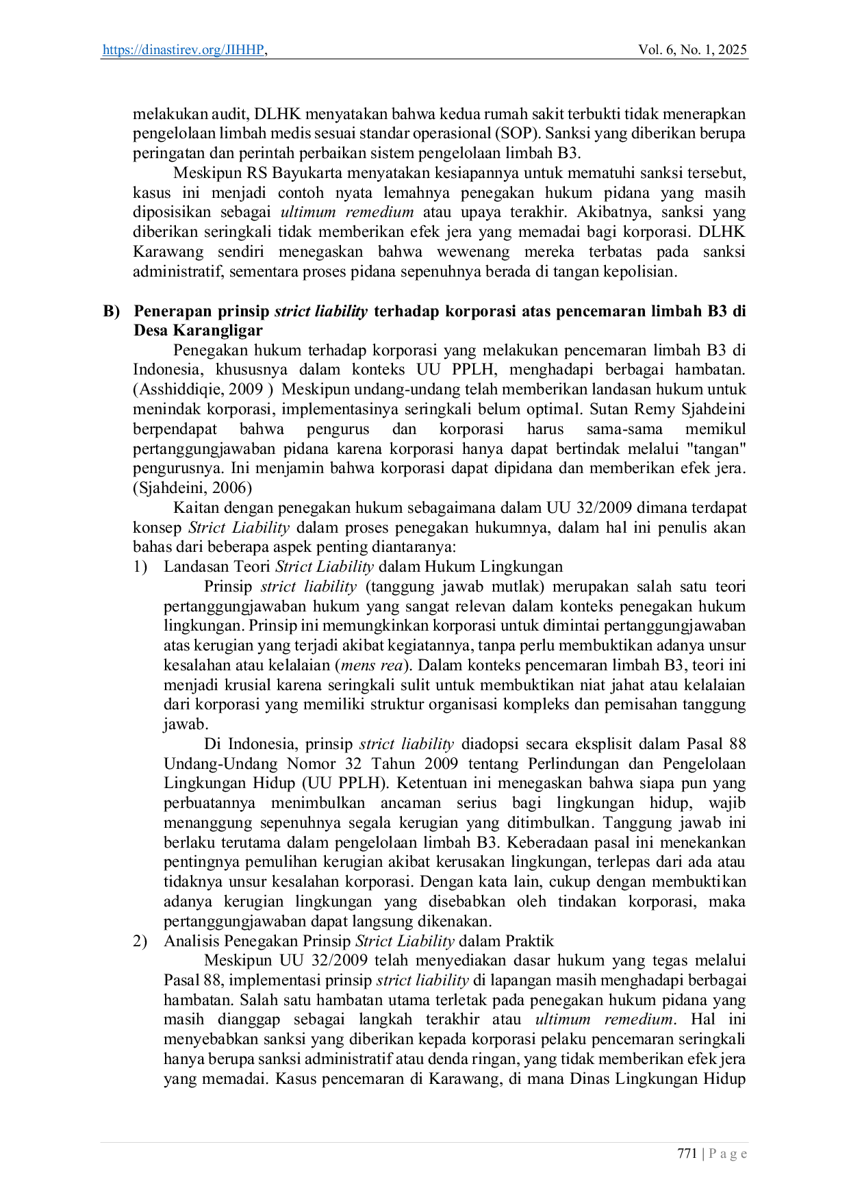 JURIS Penegakan Hukum Administratif Terhadap Korporasi Atas Pencemaran Limbah B3 Dihubungkan dengan Undang Undang Nomor 32 Tahun 2009 Tentang Perlindungan dan Pengelolaan Lingkungan Hidup