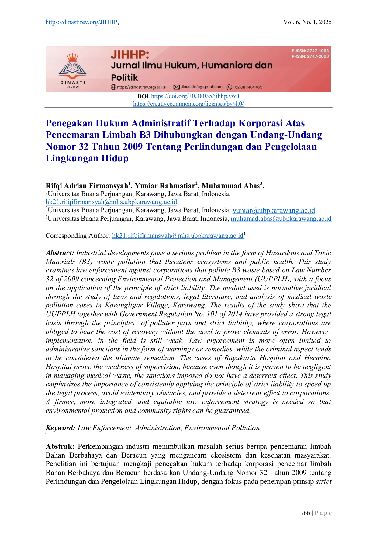 JURIS Penegakan Hukum Administratif Terhadap Korporasi Atas Pencemaran Limbah B3 Dihubungkan dengan Undang Undang Nomor 32 Tahun 2009 Tentang Perlindungan dan Pengelolaan Lingkungan Hidup
