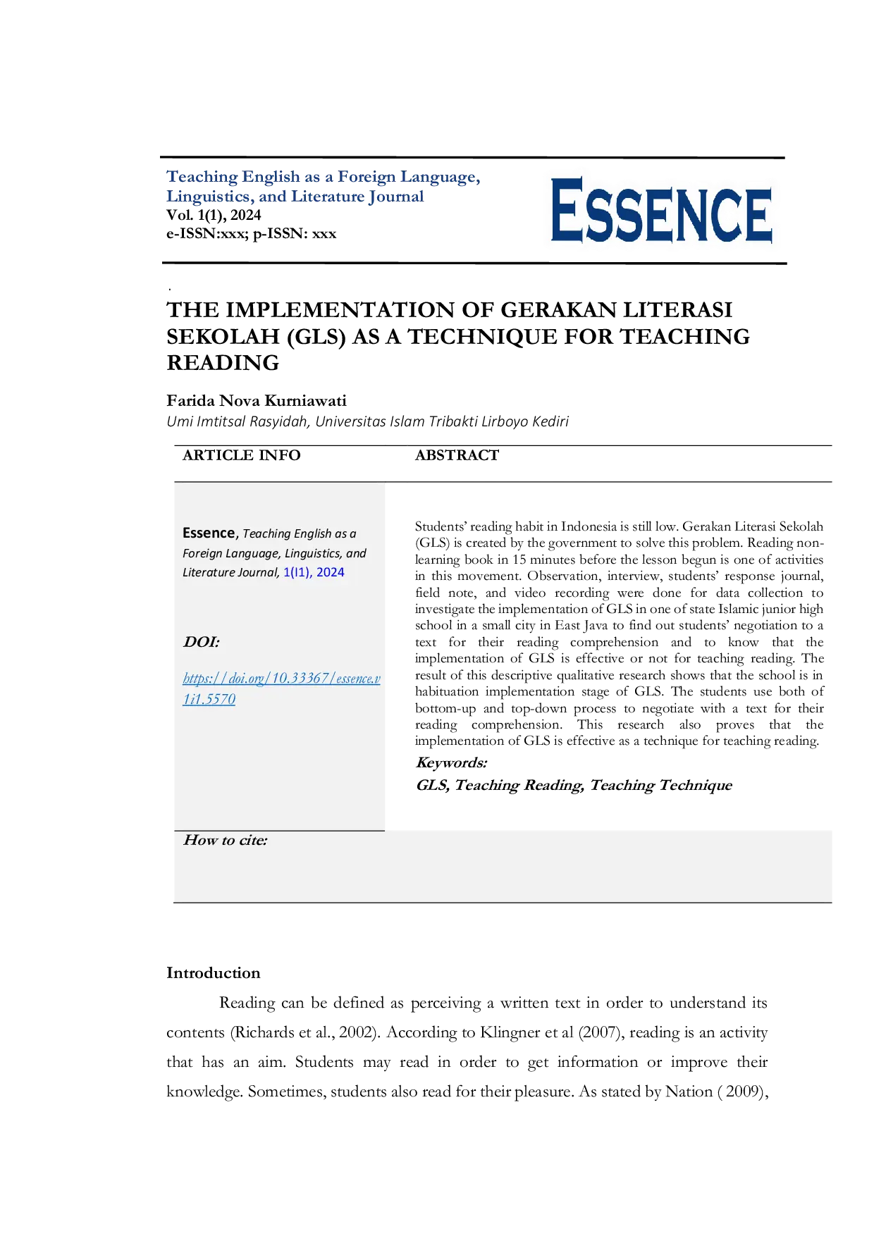 JURIS The Implementation of Gerakan Literasi Sekolah Gls as a Technique for Teaching Reading
