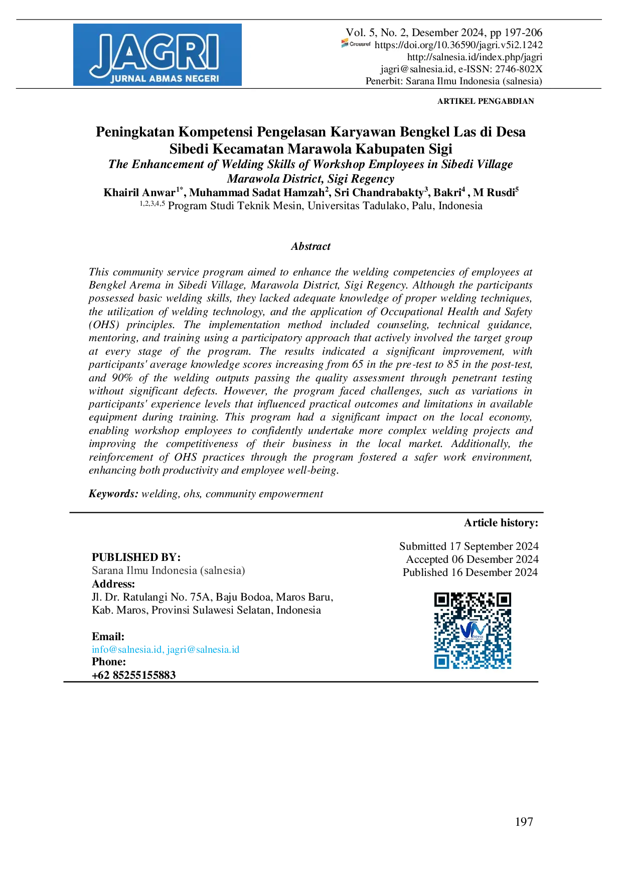 JURIS Peningkatan Kompetensi Pengelasan Karyawan Bengkel Las di Desa Sibedi Kecamatan Marawola Kabupaten Sigi