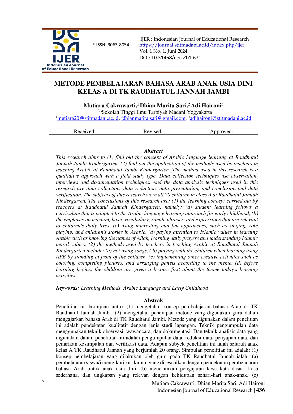 JURIS Metode Pembelajaran Bahasa Arab Anak Usia Dini Kelas A di TK Raudhatul Jannah Jambi