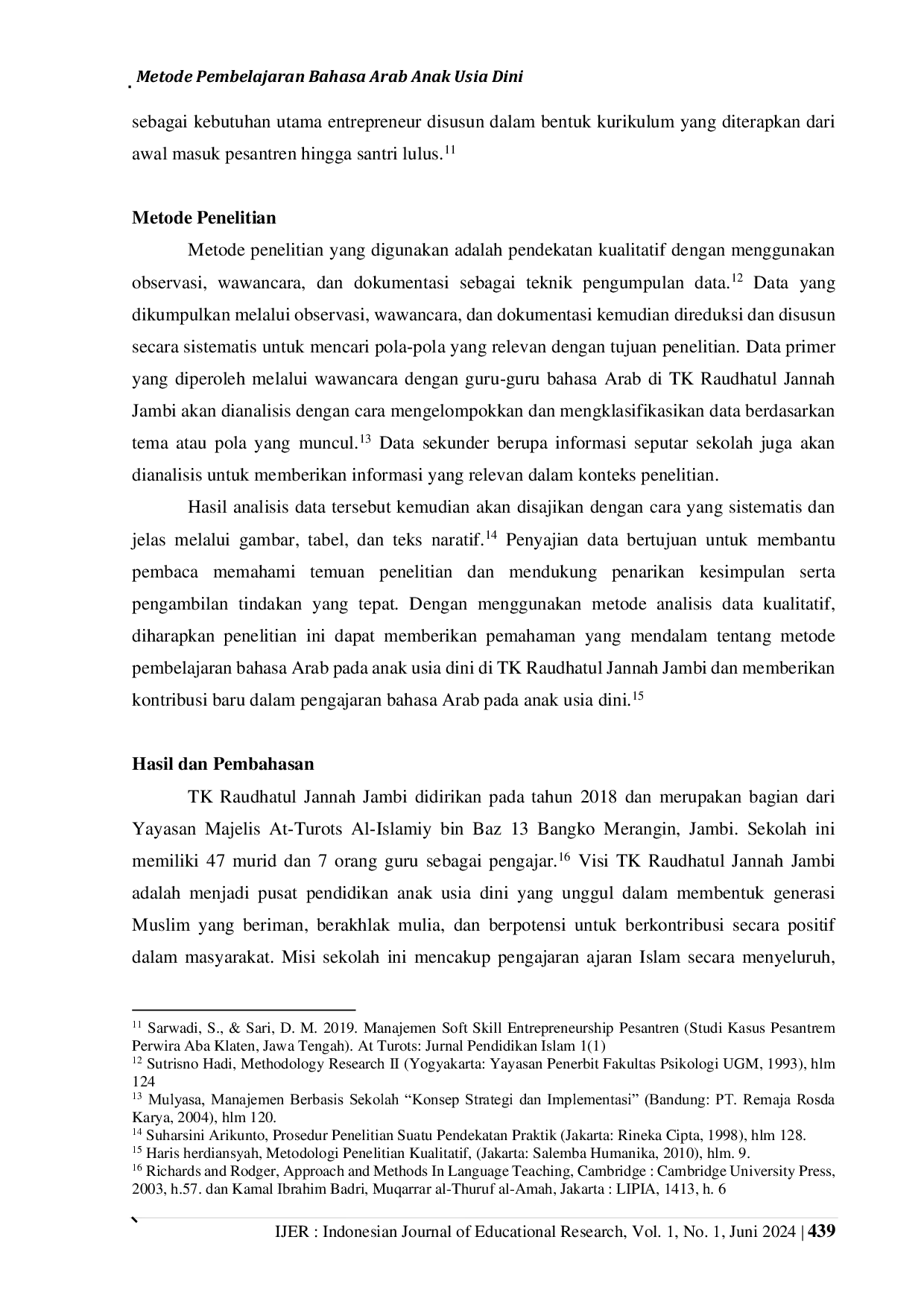 JURIS Metode Pembelajaran Bahasa Arab Anak Usia Dini Kelas A di TK Raudhatul Jannah Jambi