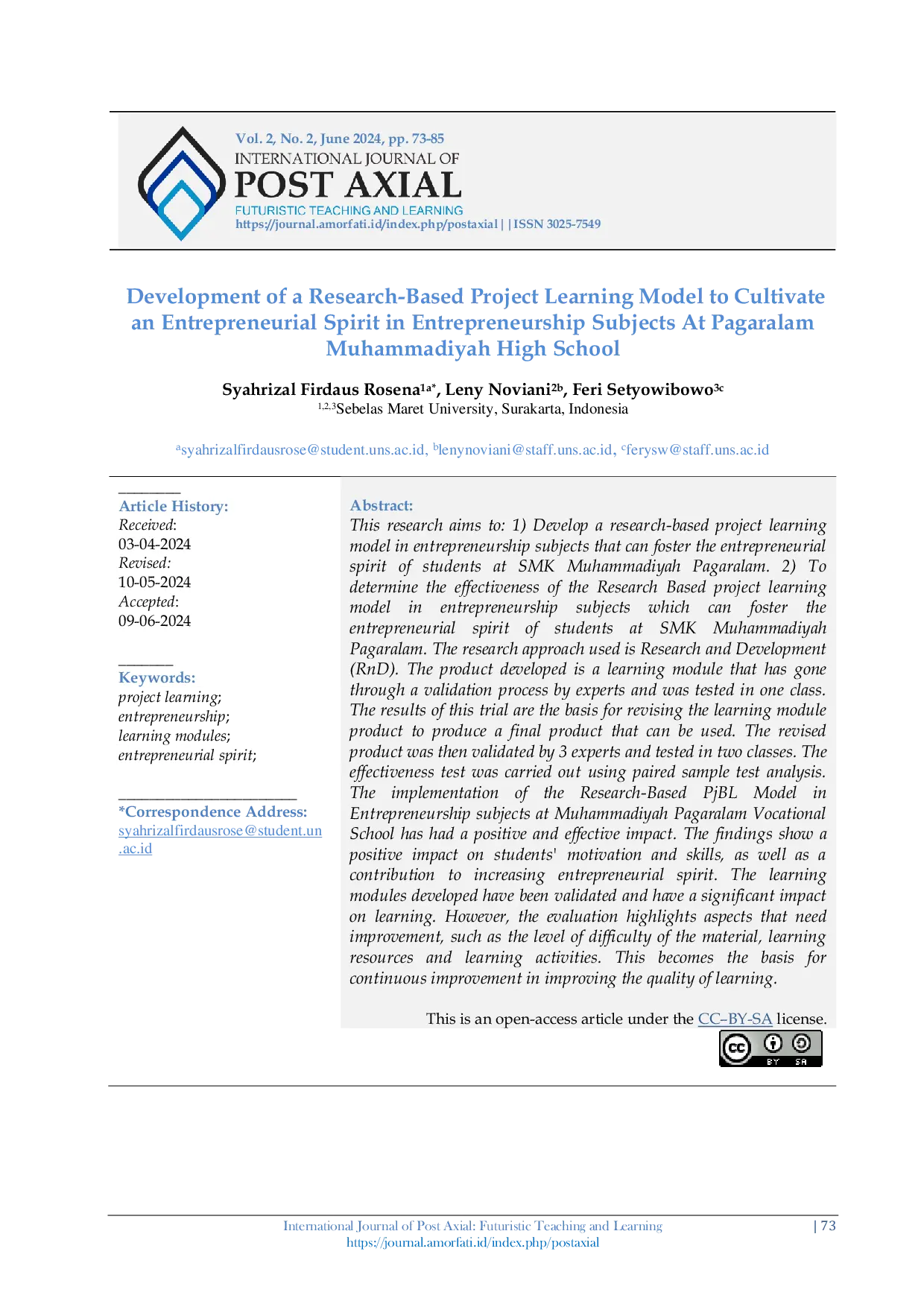JURIS A Development of a Research Based Project Learning Model to Cultivate an Entrepreneurial Spirit in Entrepreneurship Subjects At Pagaralam Muhammadiyah High School