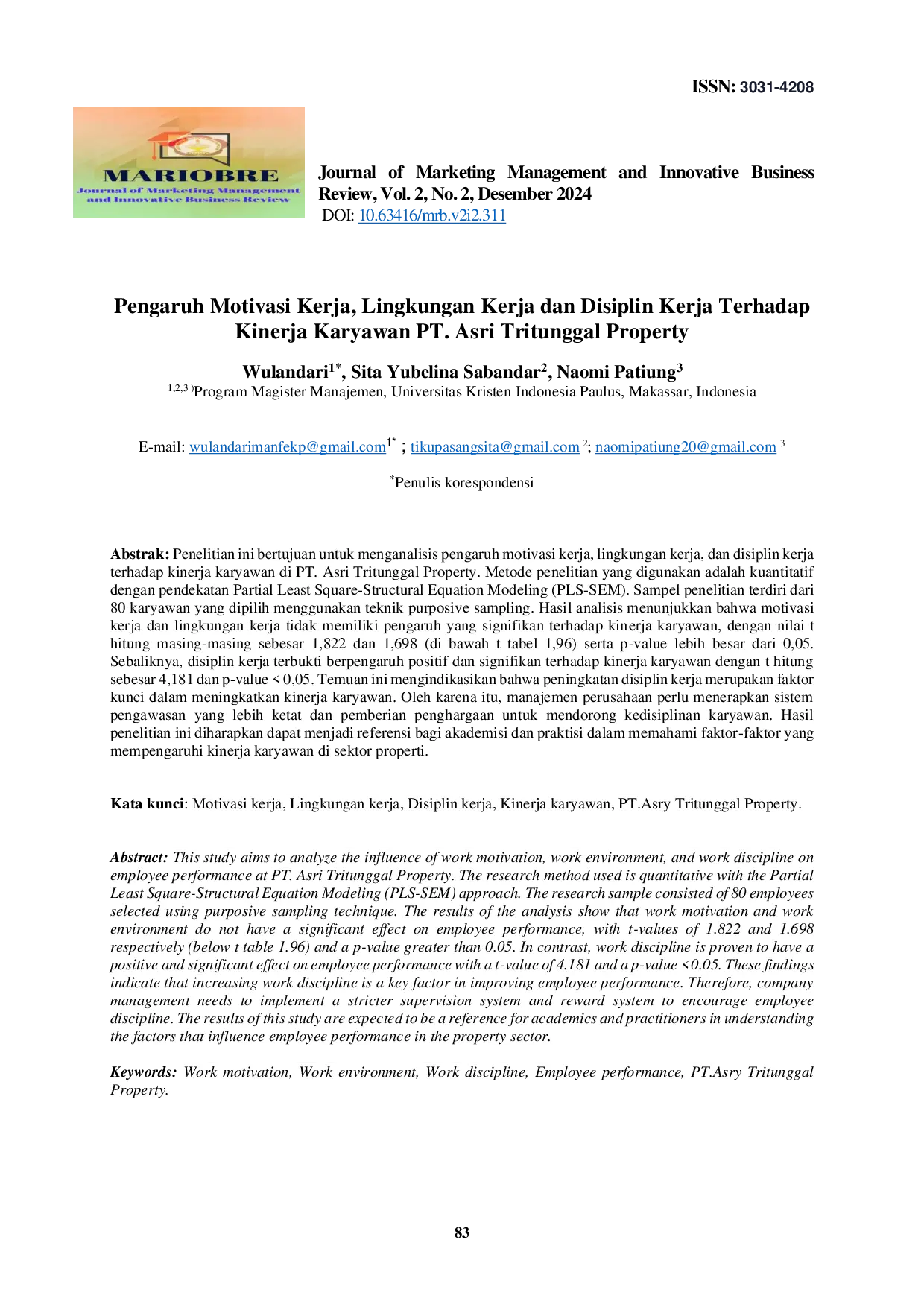 JURIS Pengaruh Motivasi Kerja Lingkungan Kerja dan Disiplin Kerja Terhadap Kinerja Karyawan PT Asri Tritunggal Property