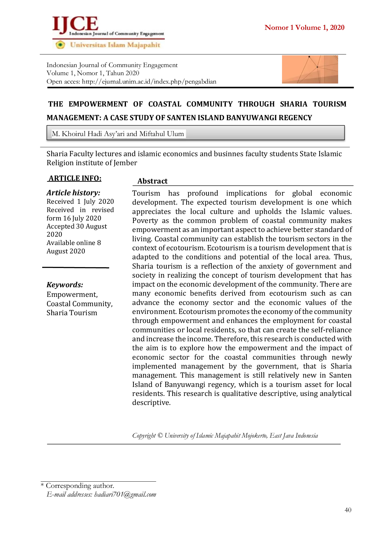 JURIS The Empowerment of Coastal Community Through Sharia Tourism Management A Case Study of Santen Island Banyuwangi Regency