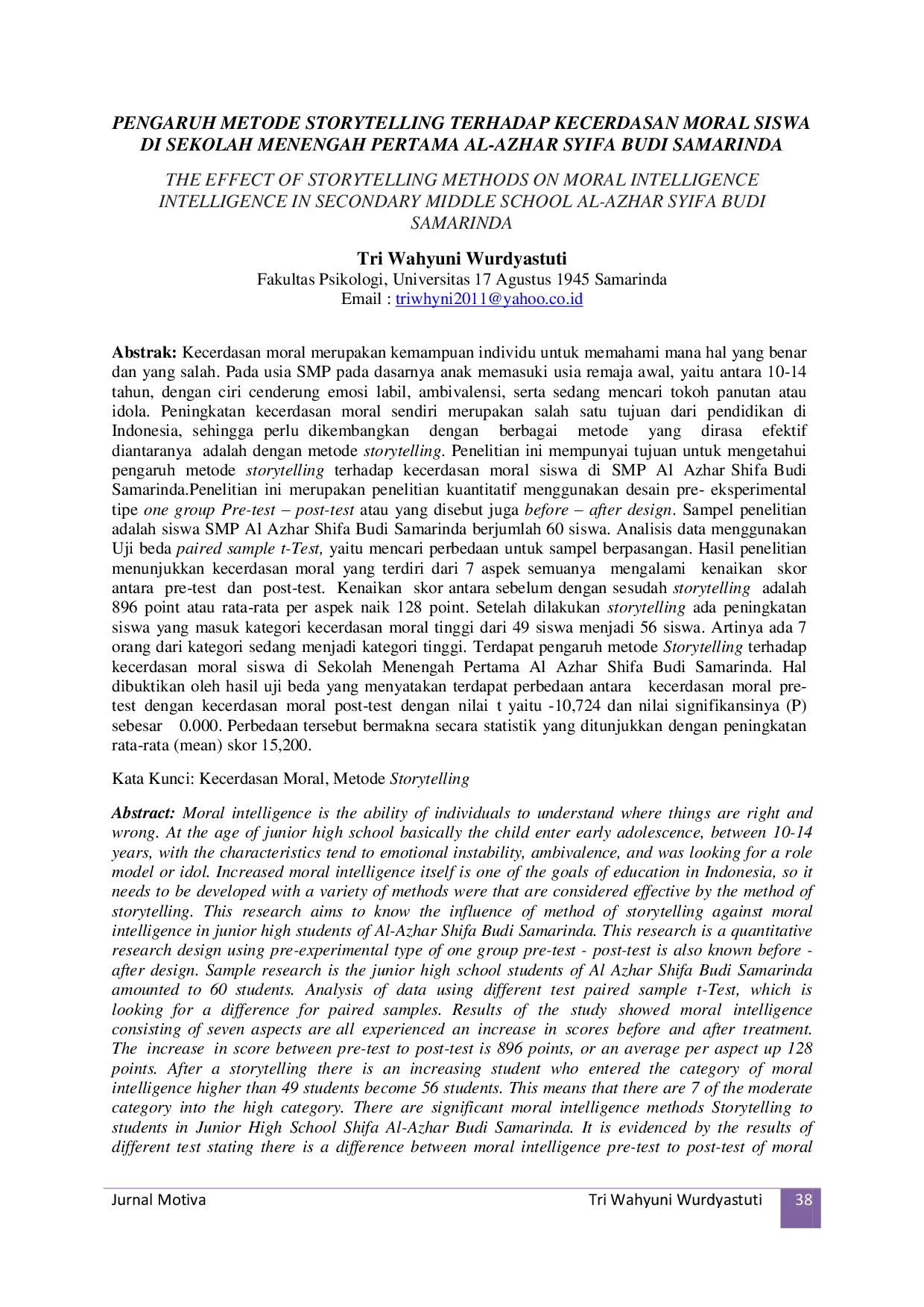 JURIS Pengaruh Metode Storytelling Terhadap Kecerdasan Moral Siswa Di Sekolah Menengah Pertama Al Azhar Syifa Budi Samarinda