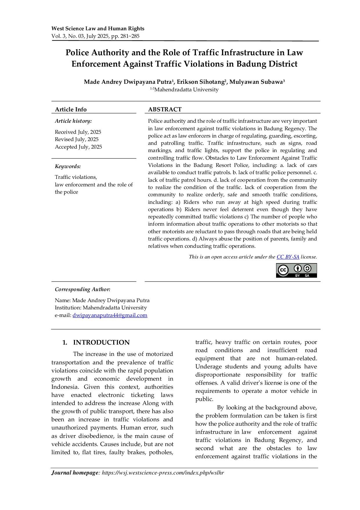 JURIS Police Authority and the Role of Traffic Infrastructure in Law Enforcement Against Traffic Violations in Badung District