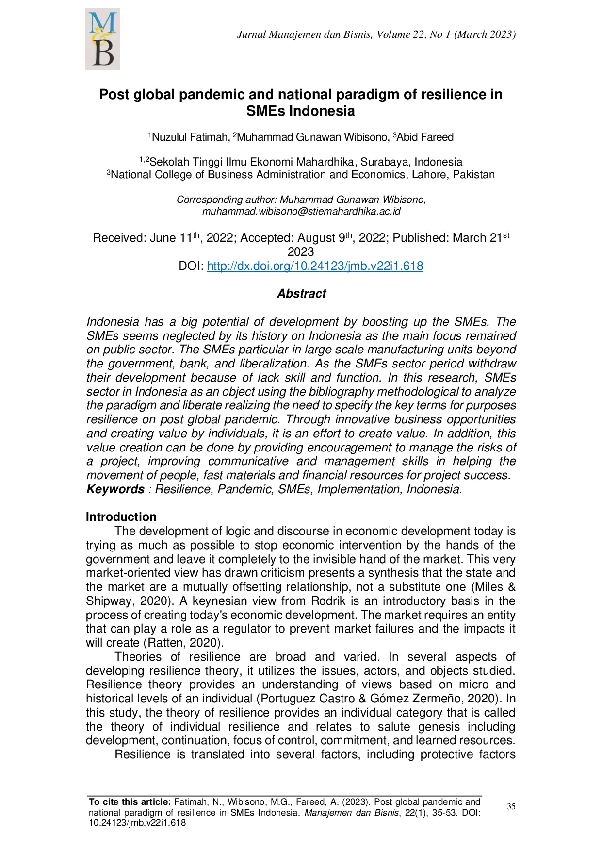 JURIS Post global pandemic and national paradigm of resilience of Indonesian SMEs