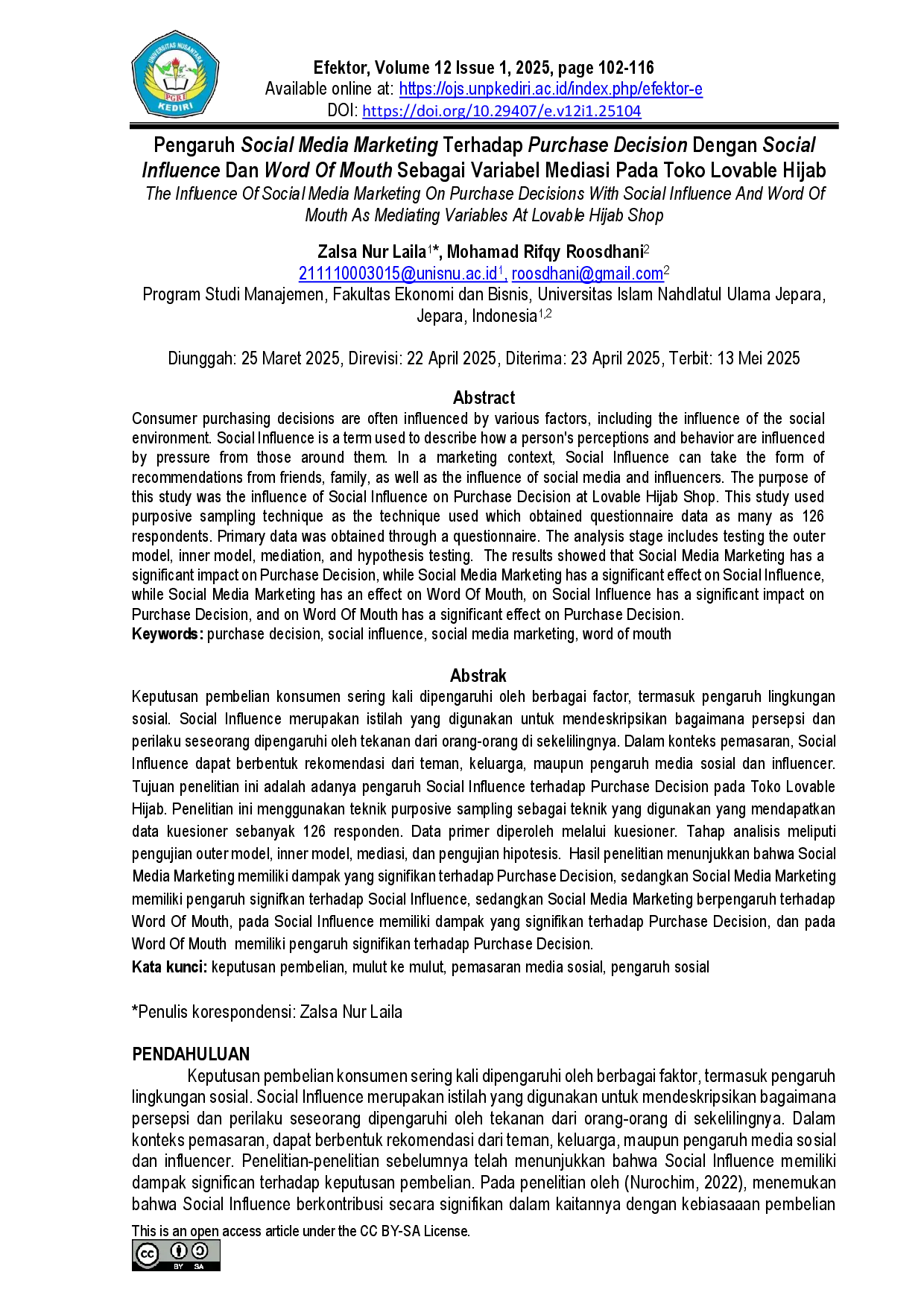 juris Pengaruh Social Media Marketing Terhadap Purchase Decision Dengan Social Influence Dan Word Of Mouth Sebagai Variabel Mediasi Pada Toko Lovable Hijab