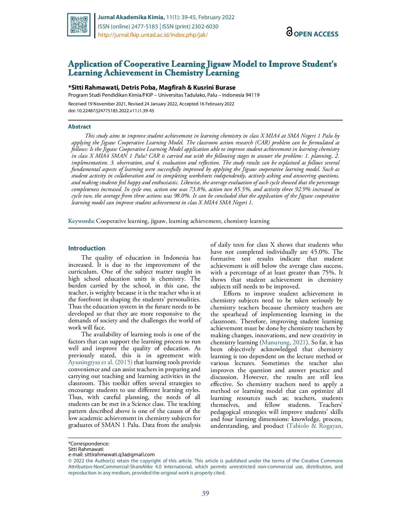 juris Application of Cooperative Learning Jigsaw Model to Improve Student s Learning Achievement in Chemistry Learning