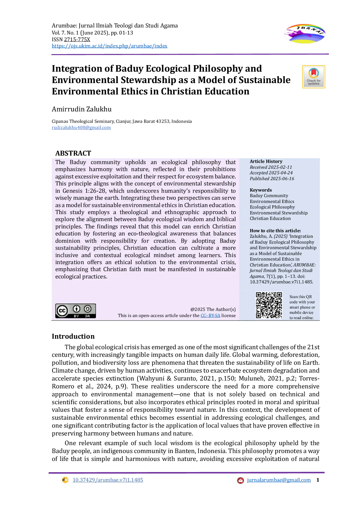 JURIS Integration of Baduy Ecological Philosophy and Environmental Stewardship as a Model of Sustainable Environmental Ethics in Christian Education